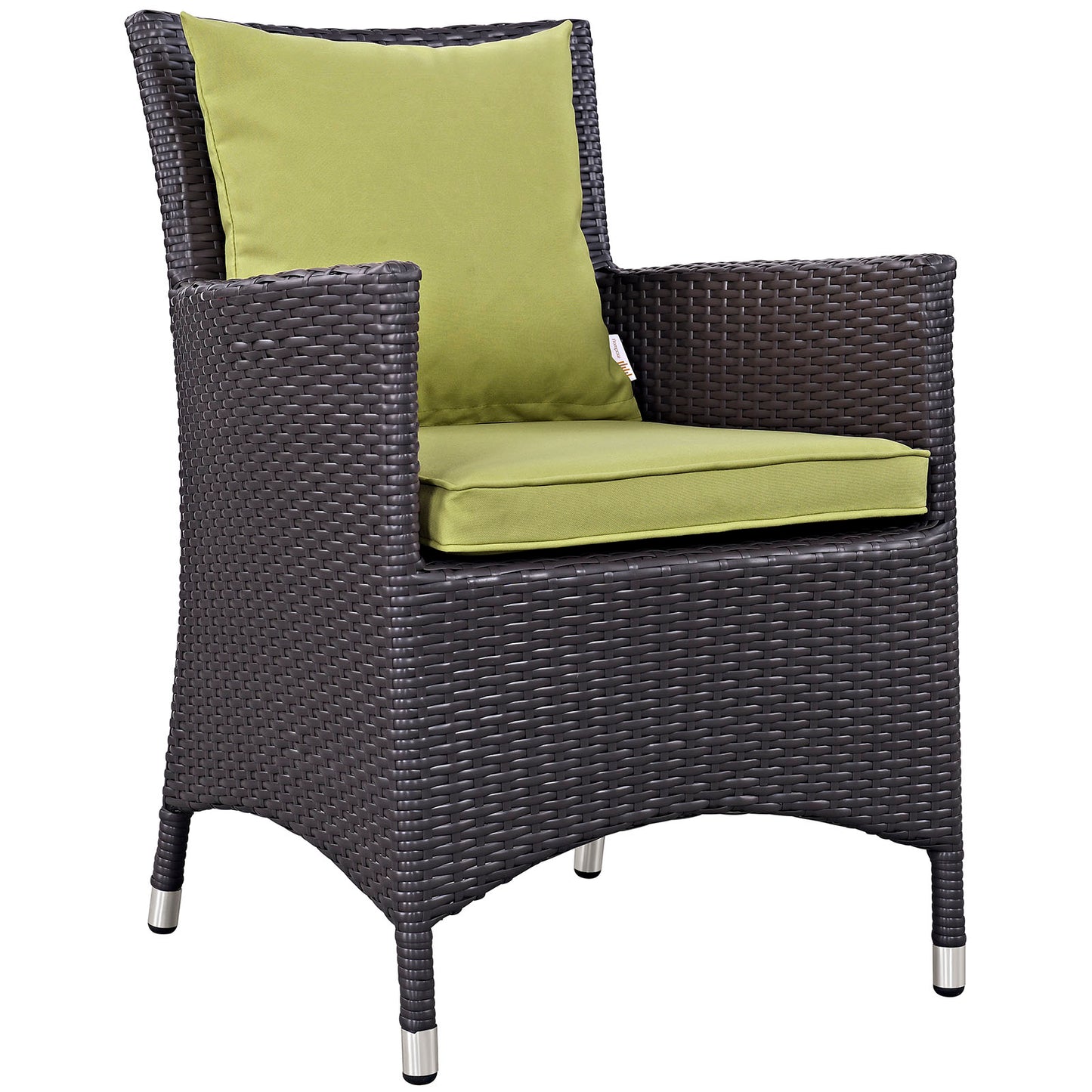 Dark brown synthetic wicker outdoor dining chairs with lime-green cushions; modern patio seating; part of a 2-piece outdoor dining set.