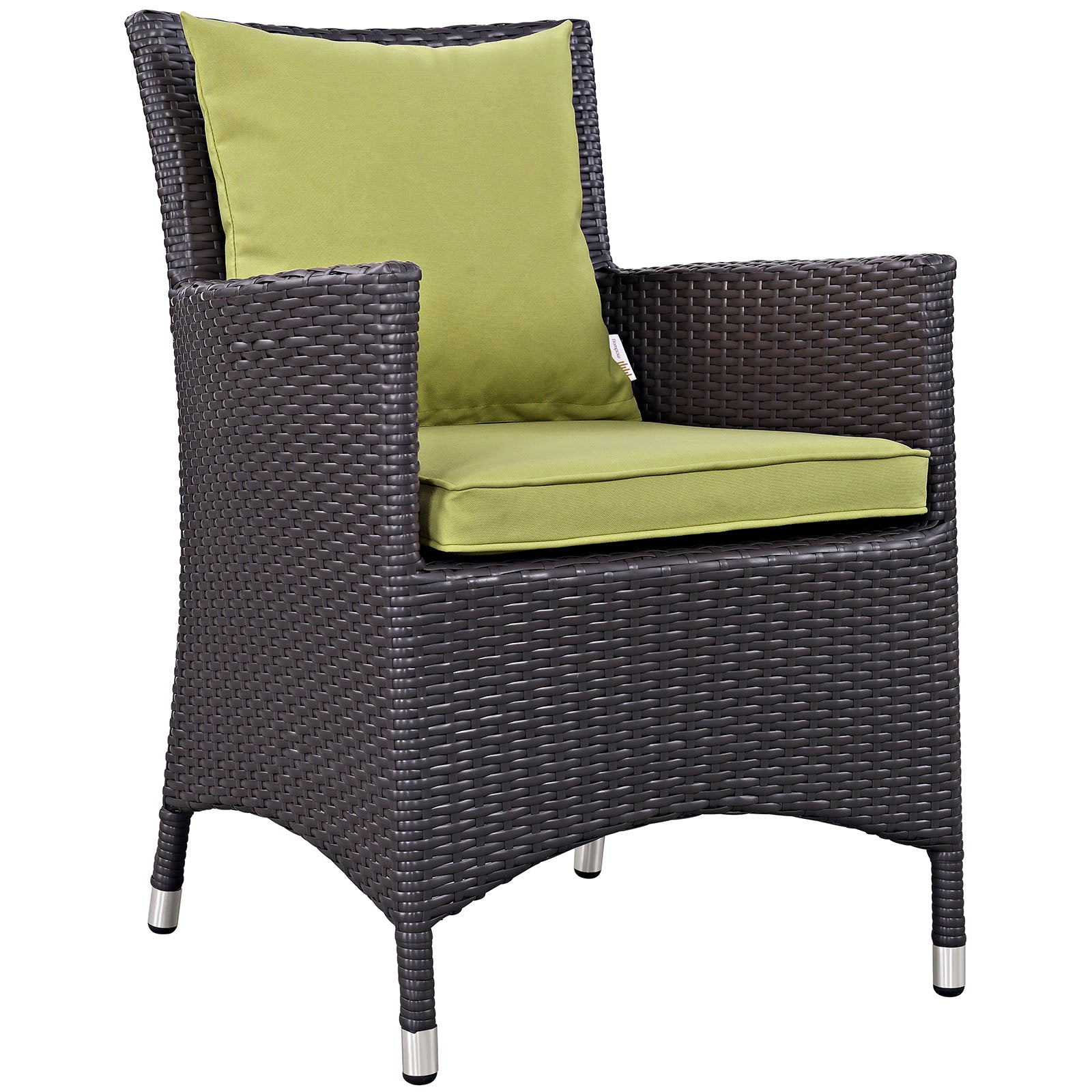 Dark brown synthetic wicker outdoor dining chairs with lime-green cushions; modern patio seating; part of a 2-piece outdoor dining set.