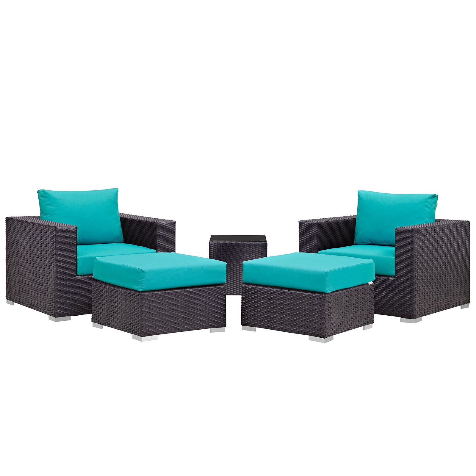 Dark brown wicker 5-piece outdoor patio sectional set with turquoise cushions: 2 armchairs, 2 ottomans & a small center table.