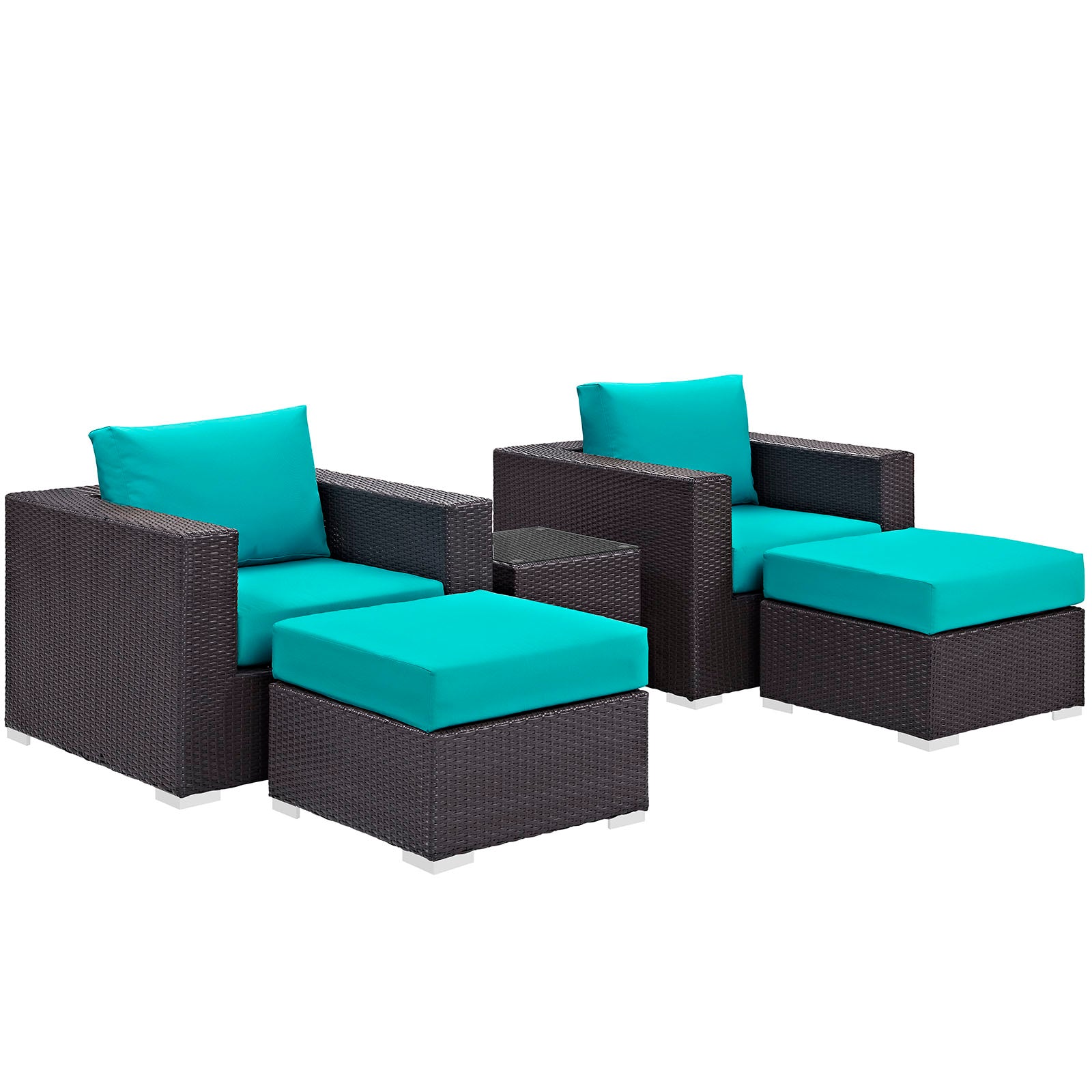 Dark brown wicker outdoor sofa set with turquoise cushions: two armchairs, two ottomans, and a glass-top table.