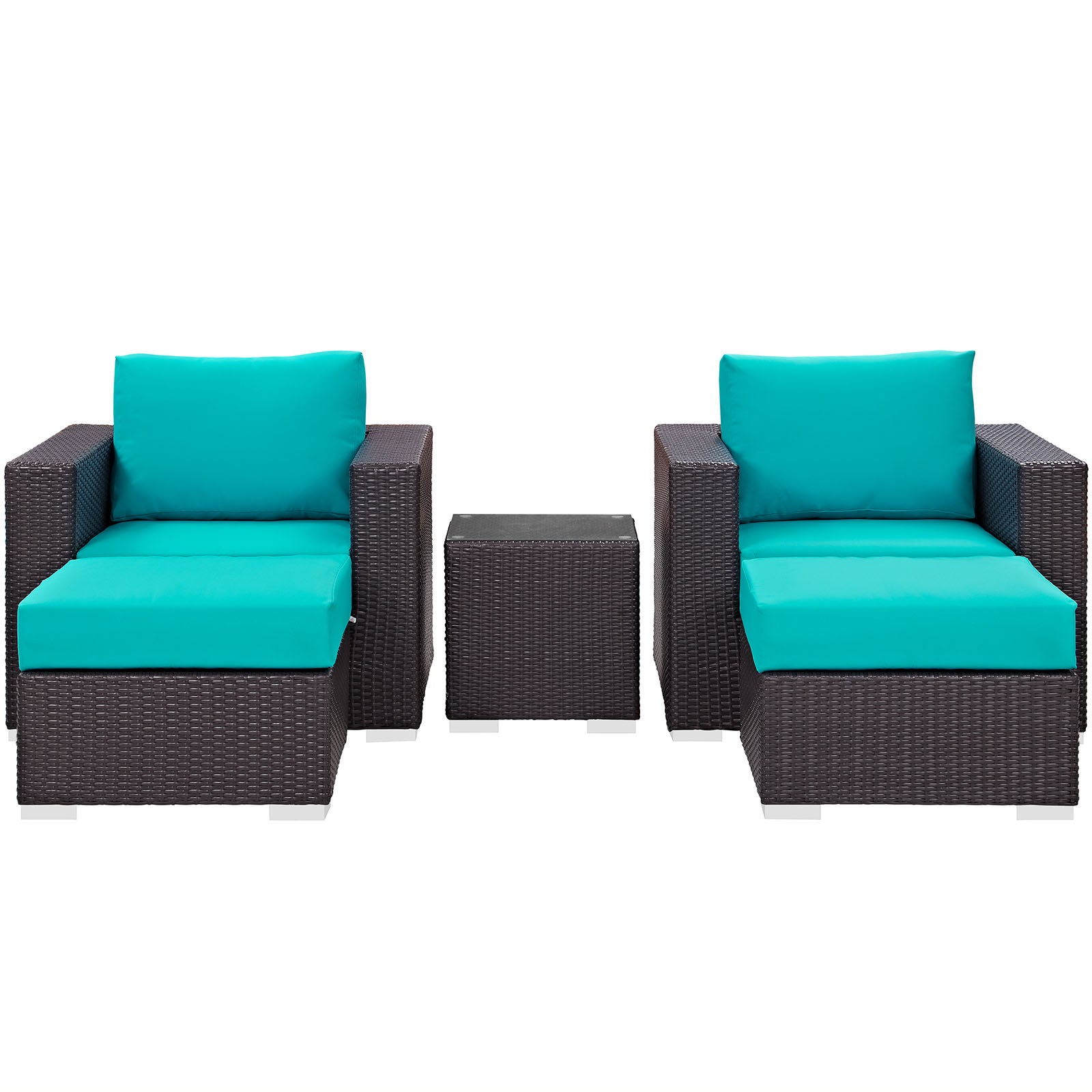 Dark brown wicker outdoor sectional set with turquoise cushions and a small square table