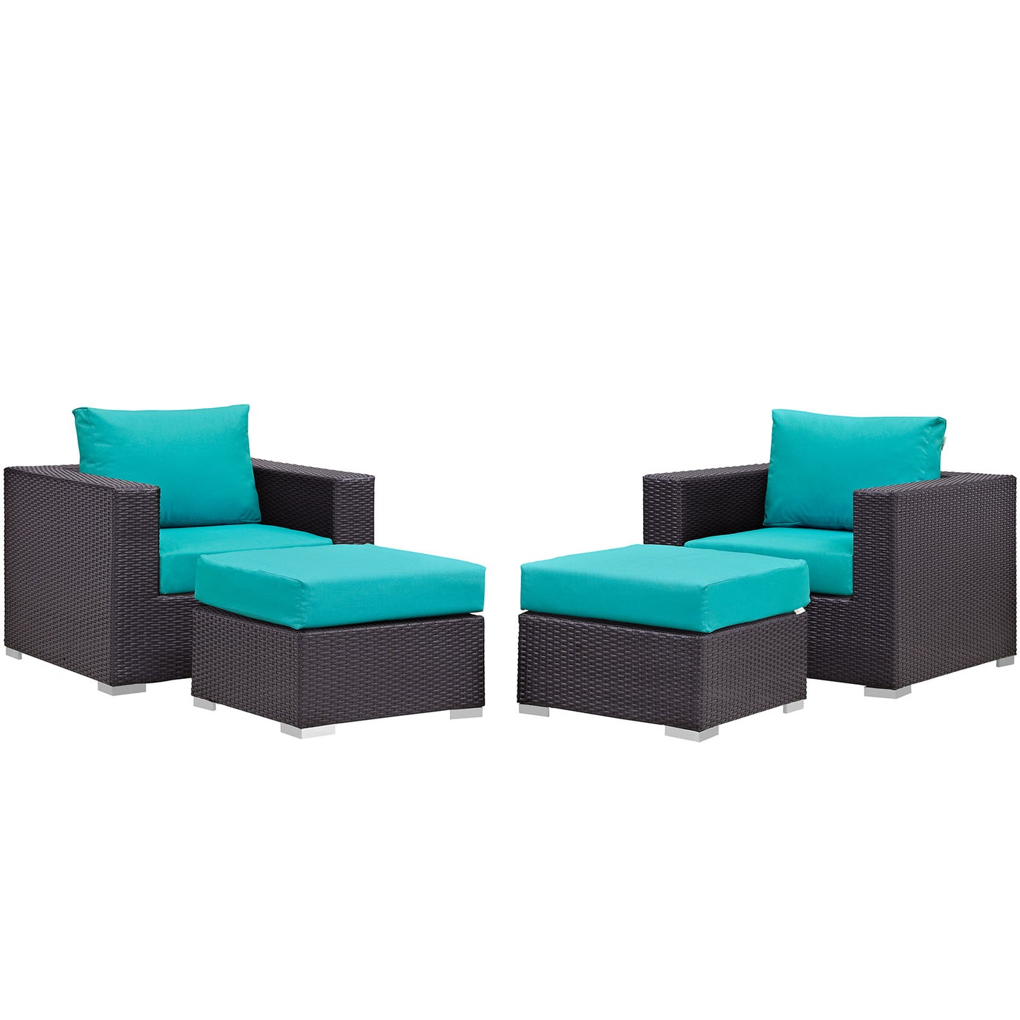 Espresso wicker outdoor sectional set with turquoise cushions, 4 pieces.
