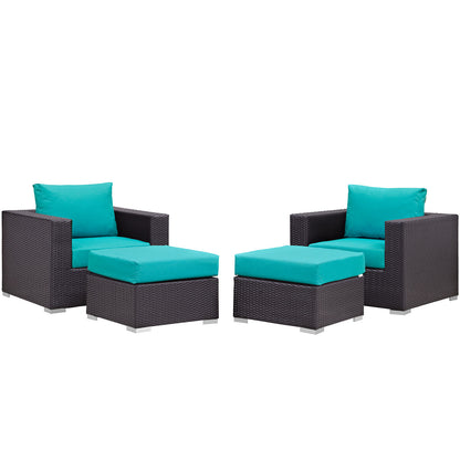 Espresso wicker outdoor sectional set with turquoise cushions, 4 pieces.