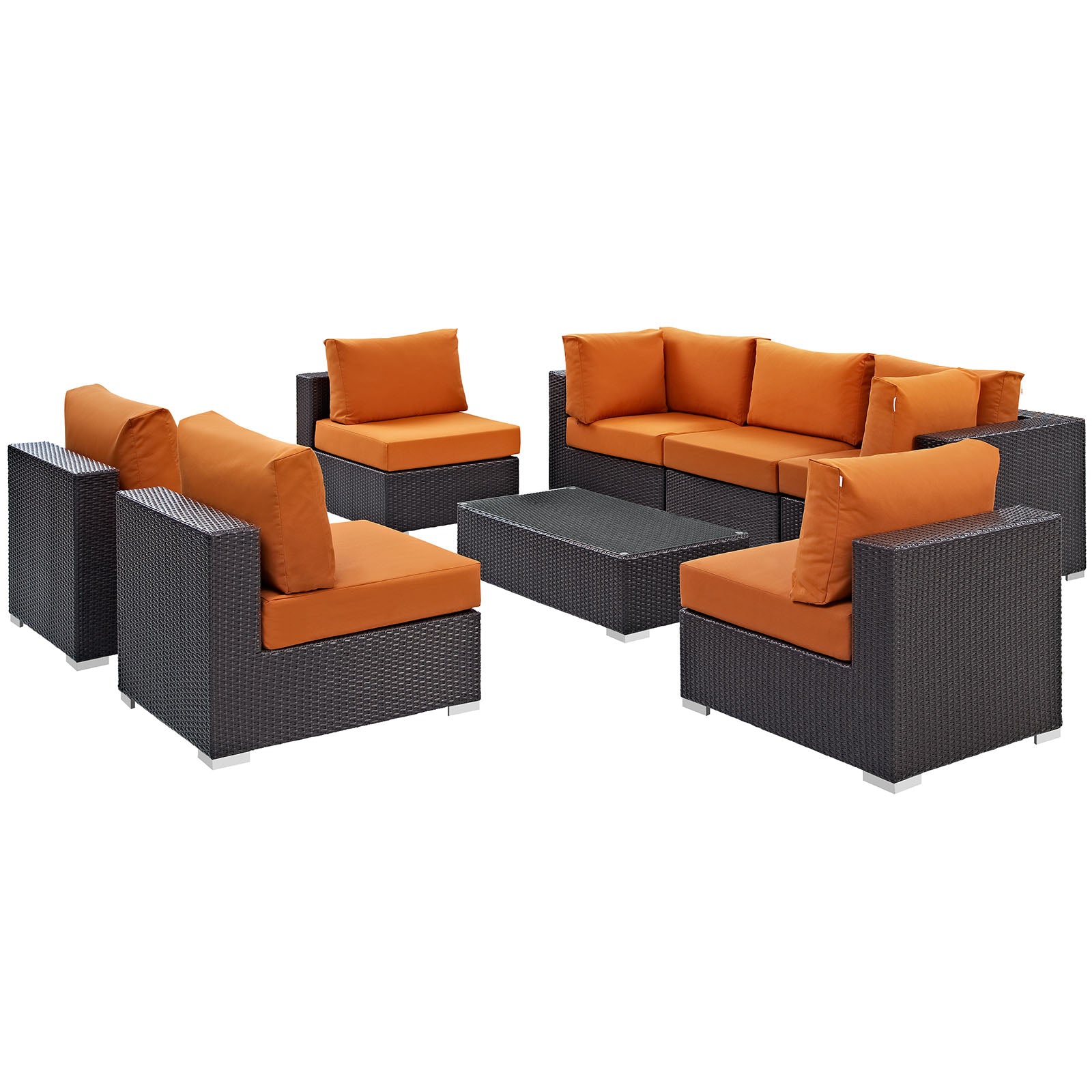 Dark wicker outdoor modular patio sofa set with orange cushions and matching coffee table.