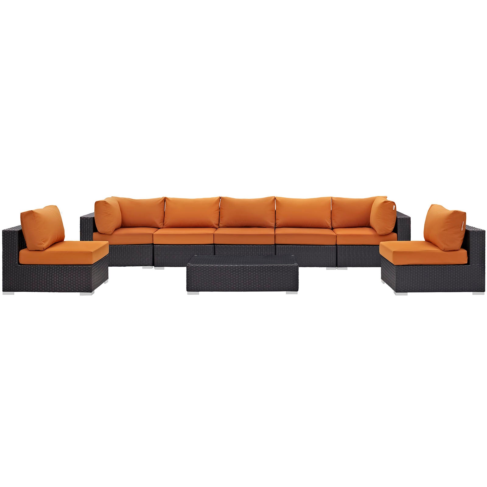 Modular espresso wicker outdoor sectional with orange cushions, includes coffee table and matching ottomans.