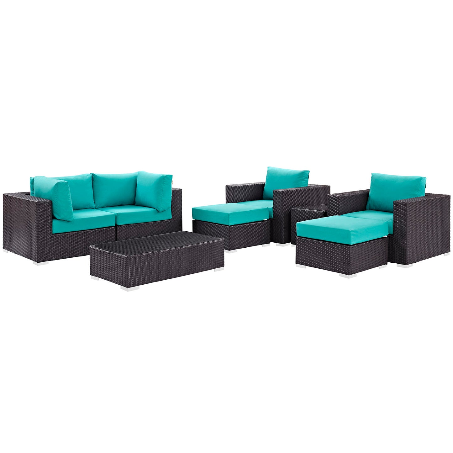 Modular dark brown wicker outdoor set with teal cushions: sofa, chairs, ottomans & coffee table.