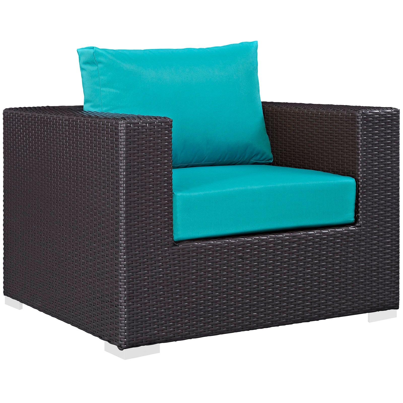 Dark brown woven rattan outdoor sectional set with turquoise seat & back cushions
