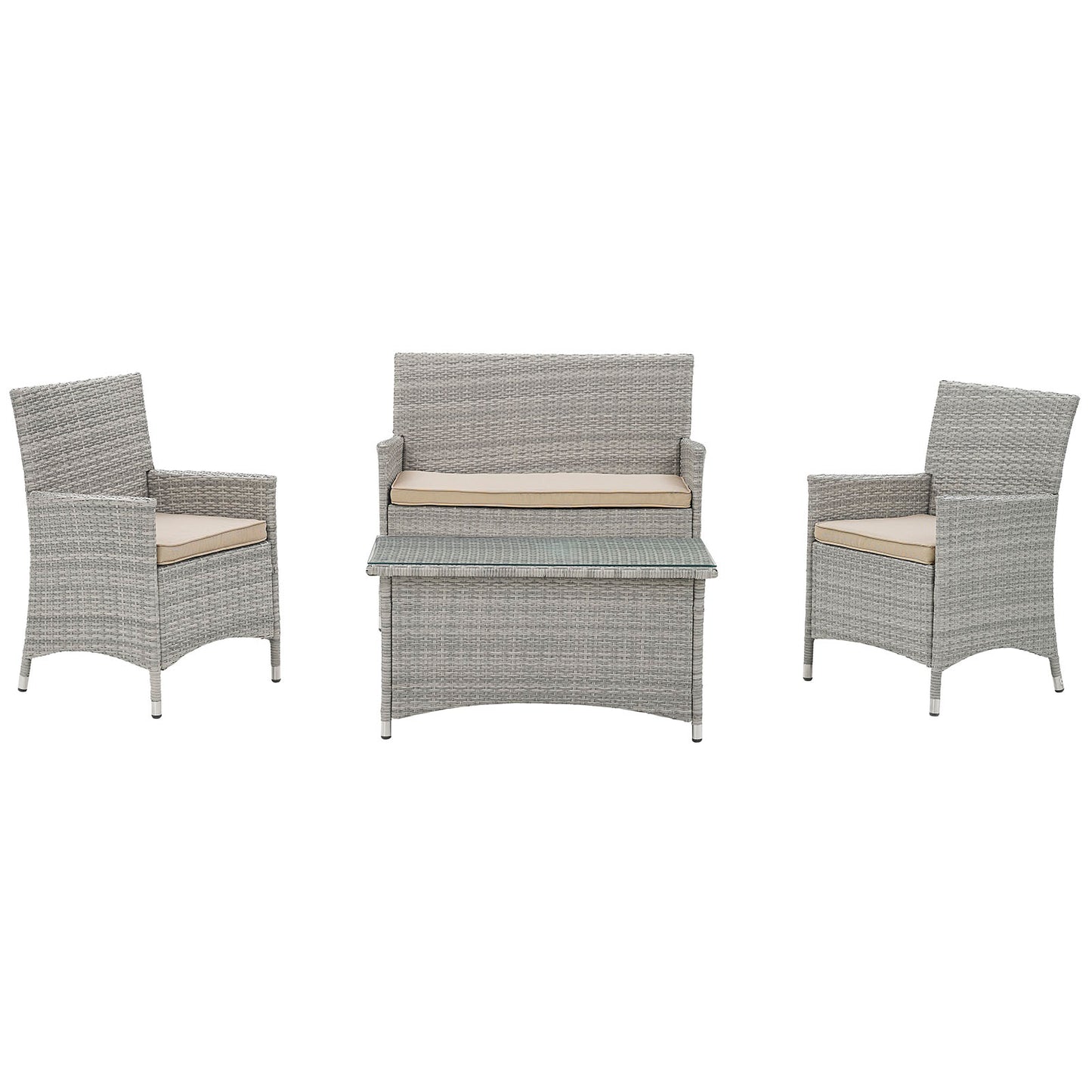 Light gray wicker outdoor patio set with beige cushions: two armchairs, a loveseat, and a glass-top coffee table.
