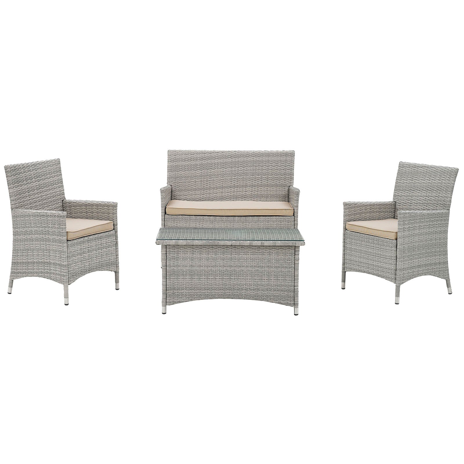 Light gray wicker outdoor patio set with beige cushions: two armchairs, a loveseat, and a glass-top coffee table.