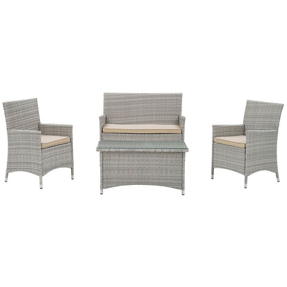 Light gray wicker outdoor patio set with beige cushions: two armchairs, a loveseat, and a glass-top coffee table.