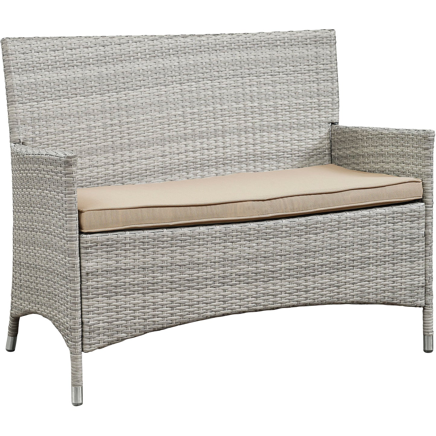Gray wicker 4-piece outdoor patio conversation set with beige cushions, armrests, high-back seating and metal-tipped legs.