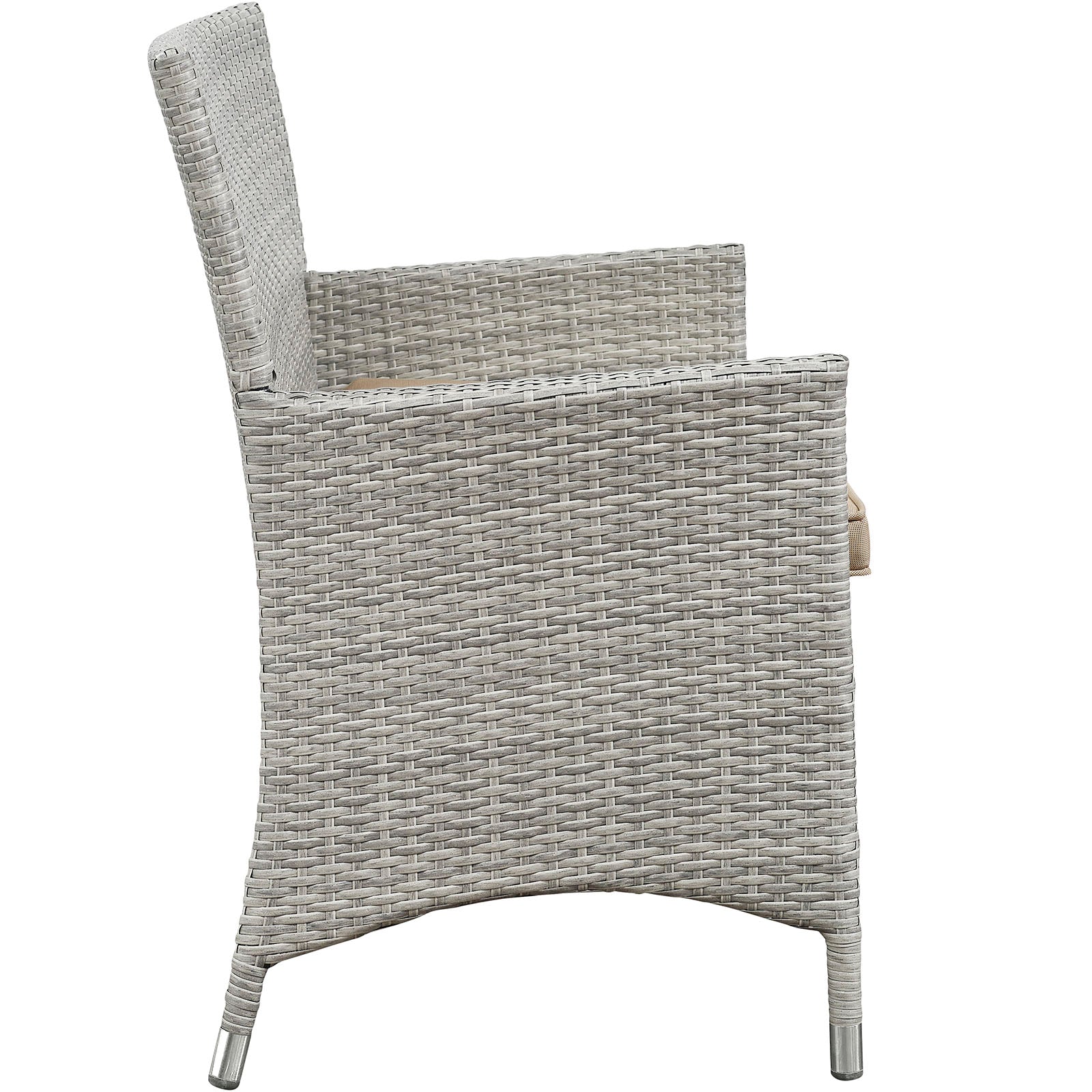 Light gray-beige woven rattan outdoor 4-piece patio conversation set with high-back chairs and metal-capped legs.