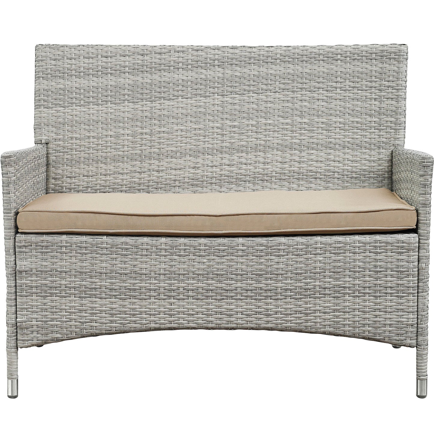 Light gray woven rattan outdoor 4-piece conversation set with beige cushions, curved base and armrests for patio.