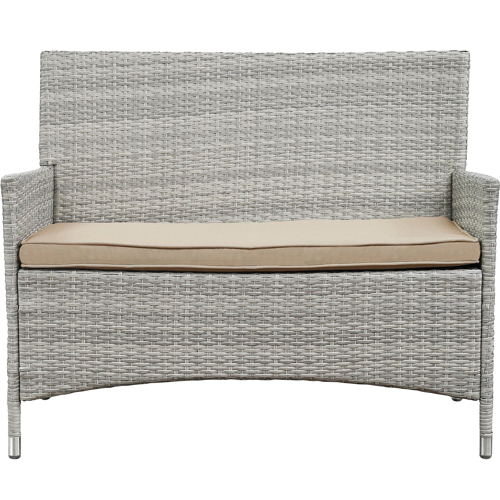 Light gray woven rattan outdoor 4-piece conversation set with beige cushions, curved base and armrests for patio.