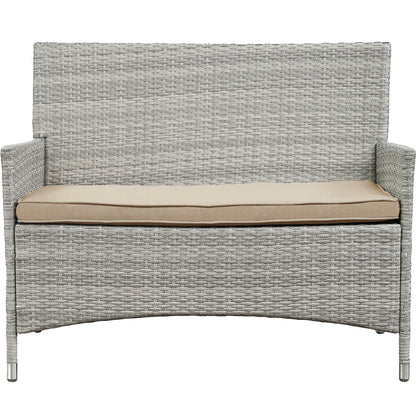 Light gray woven rattan outdoor 4-piece conversation set with beige cushions, curved base and armrests for patio.