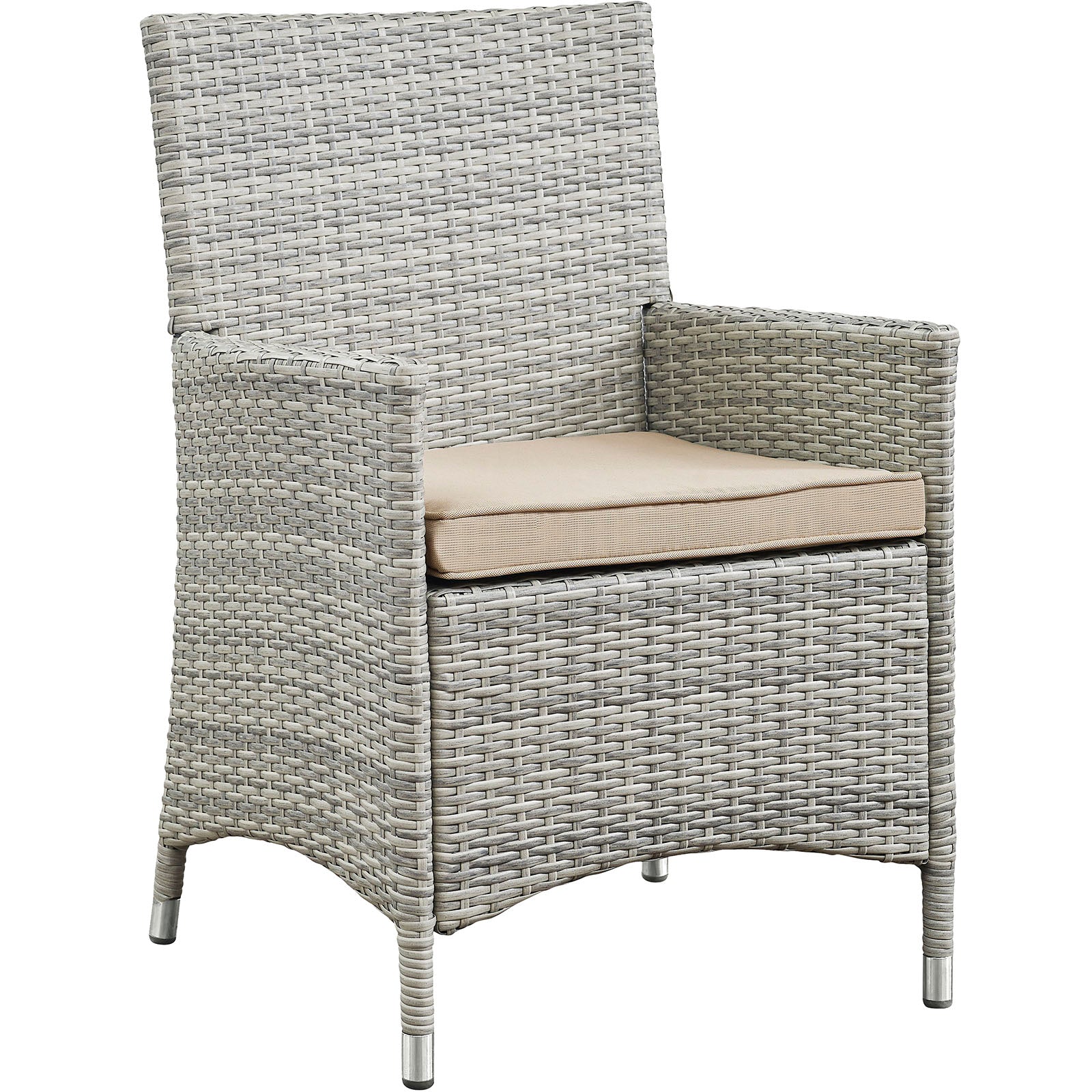 Light gray woven rattan outdoor armchairs with beige cushions; part of a 4-piece outdoor conversation set, featuring tall backs, curved arms and metal-tipped legs.