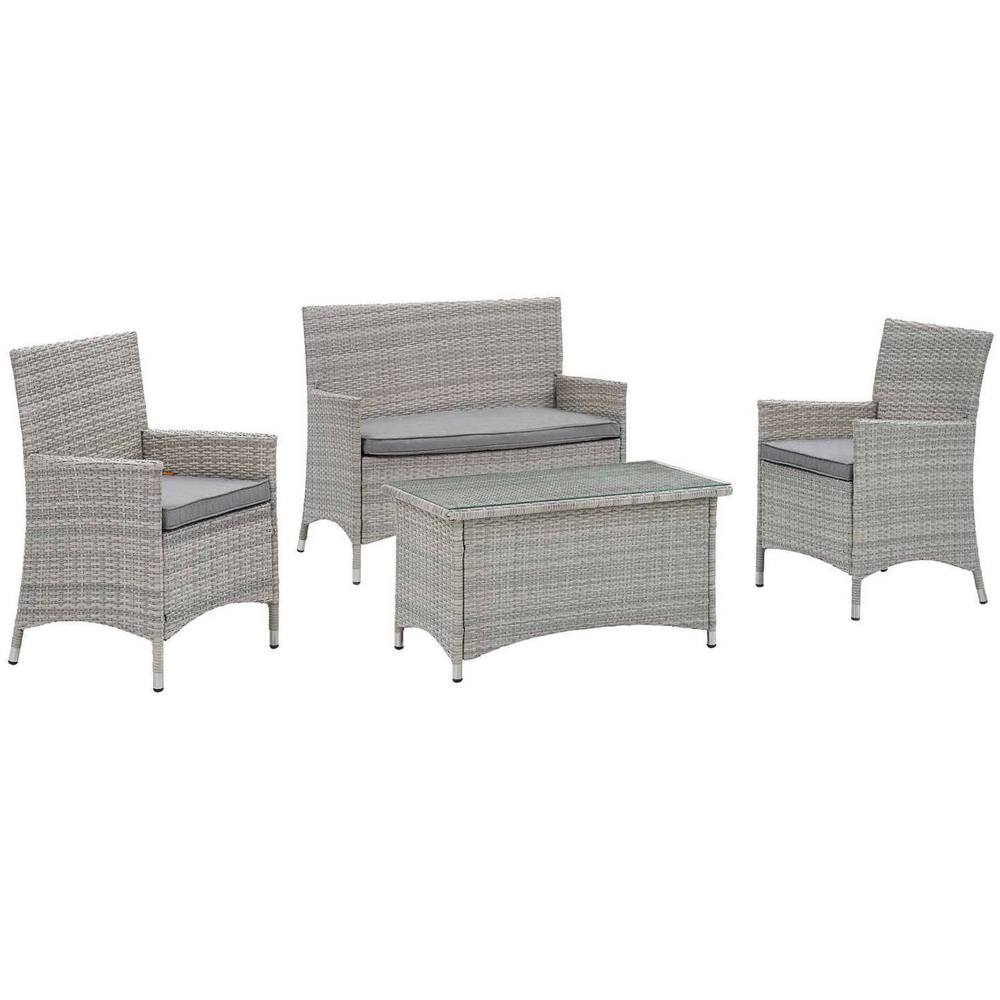 Gray wicker outdoor seating set with two armchairs, a loveseat, and glass-top coffee table with gray cushions.