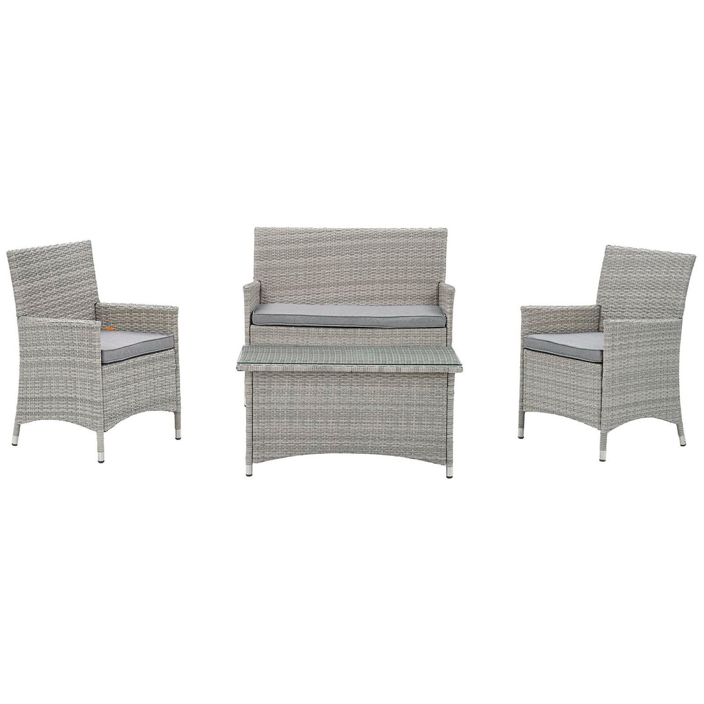 Light gray wicker outdoor seating set with two armchairs, a love seat, and a glass-top coffee table; cushions are gray.