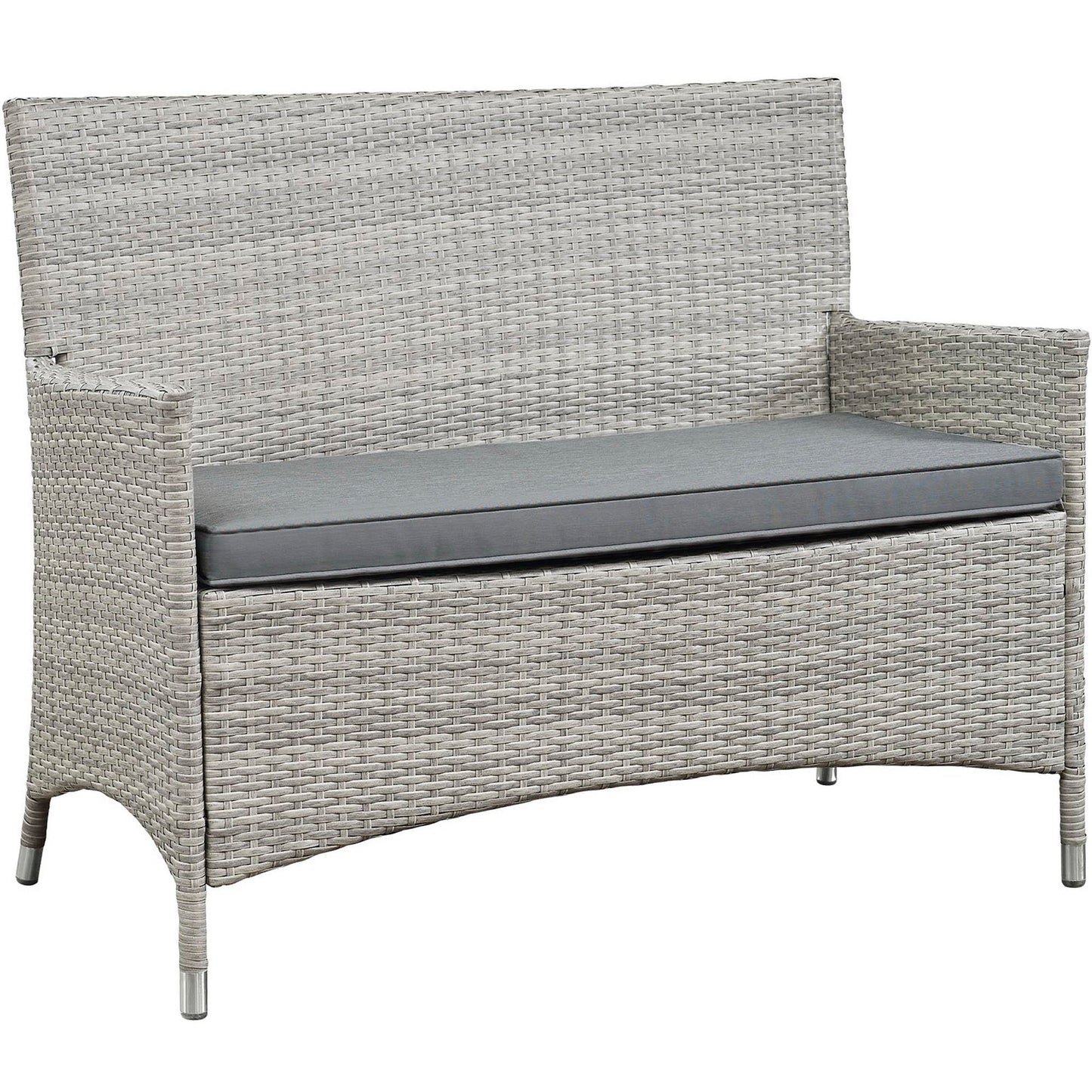 Gray wicker outdoor loveseat with a matching gray cushion, straight arms, and metal-tipped feet.