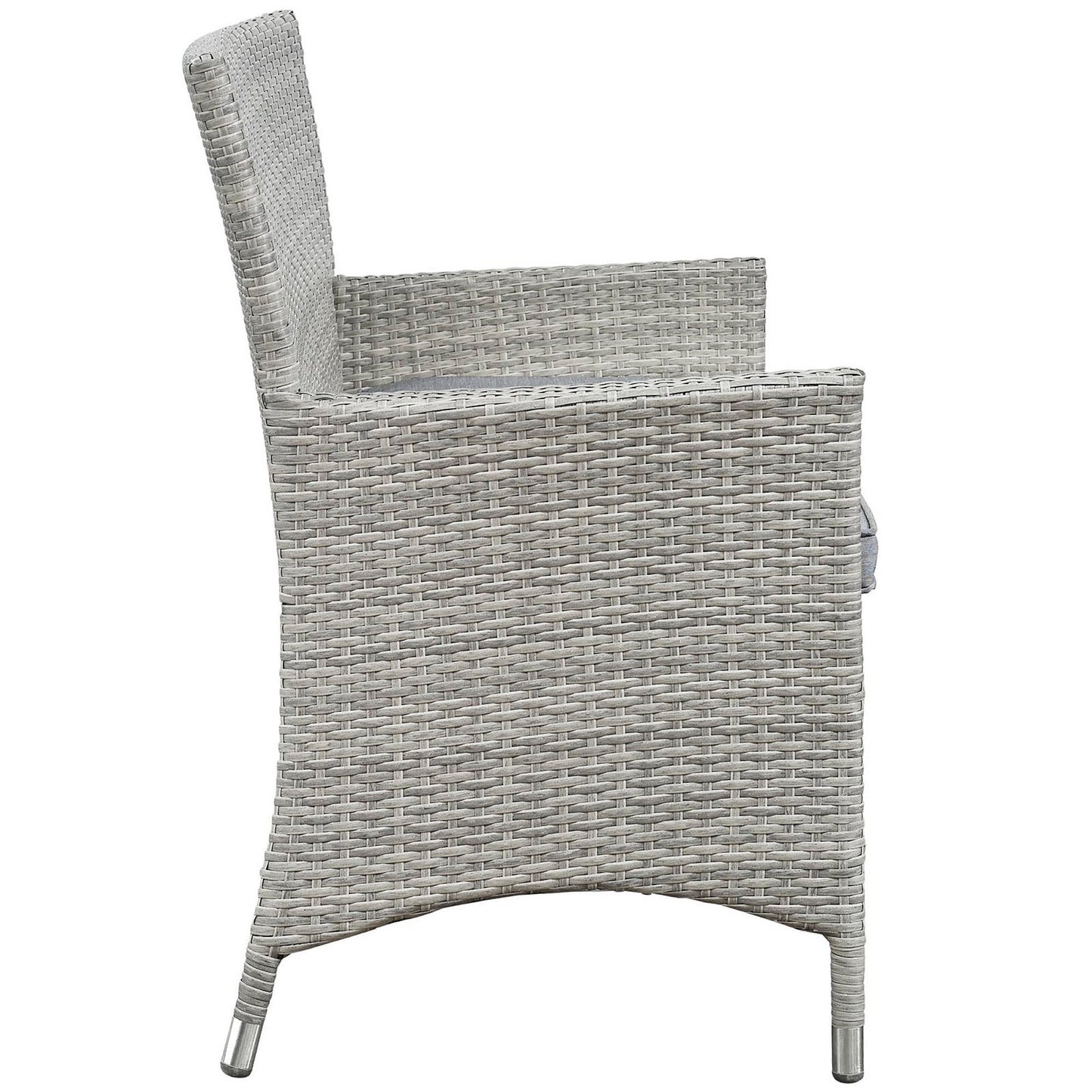 Light gray woven wicker outdoor conversation set with high-back chairs & a coffee table.