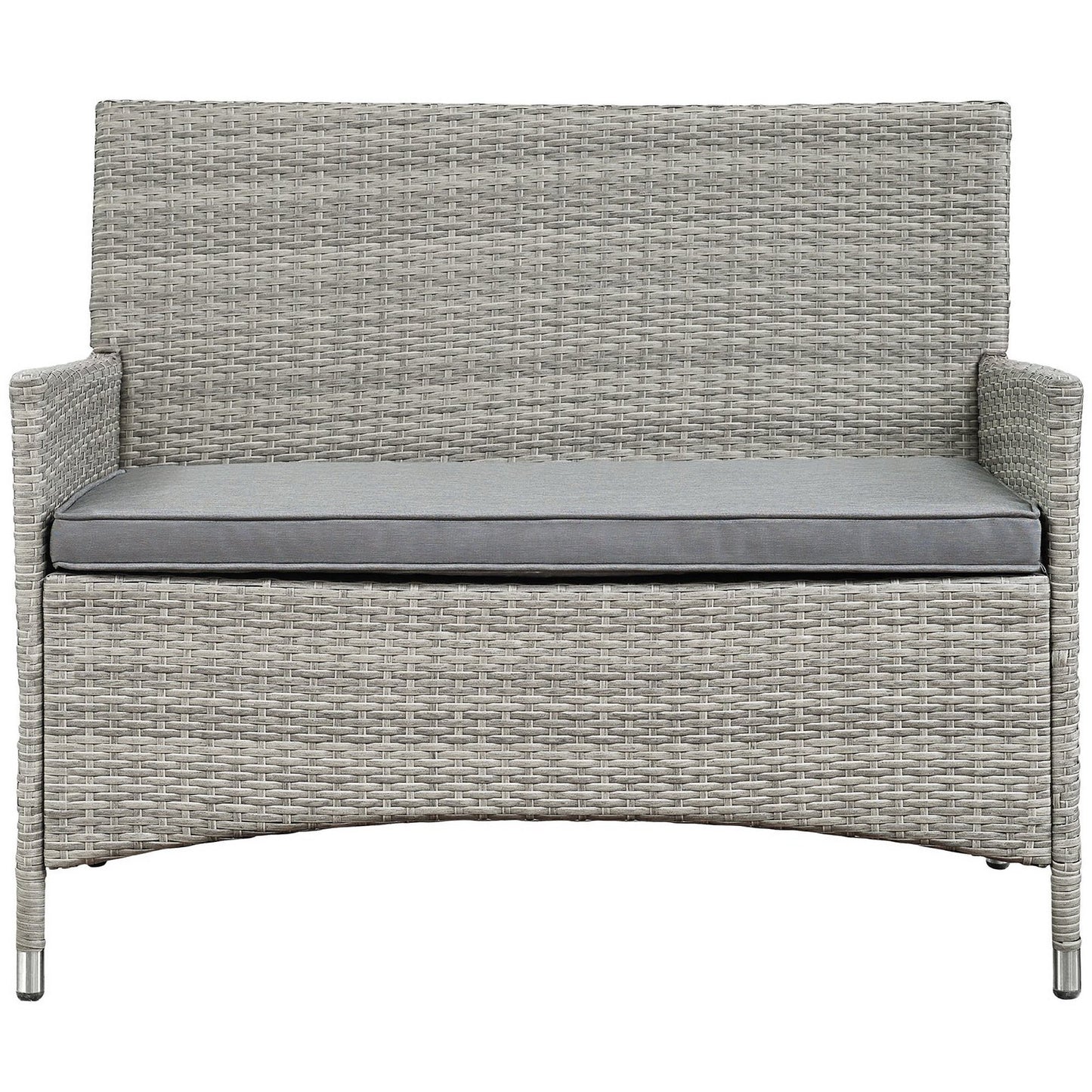 Gray wicker outdoor 4-piece conversation set with tall-back seating, rounded arms, and light gray cushions.
