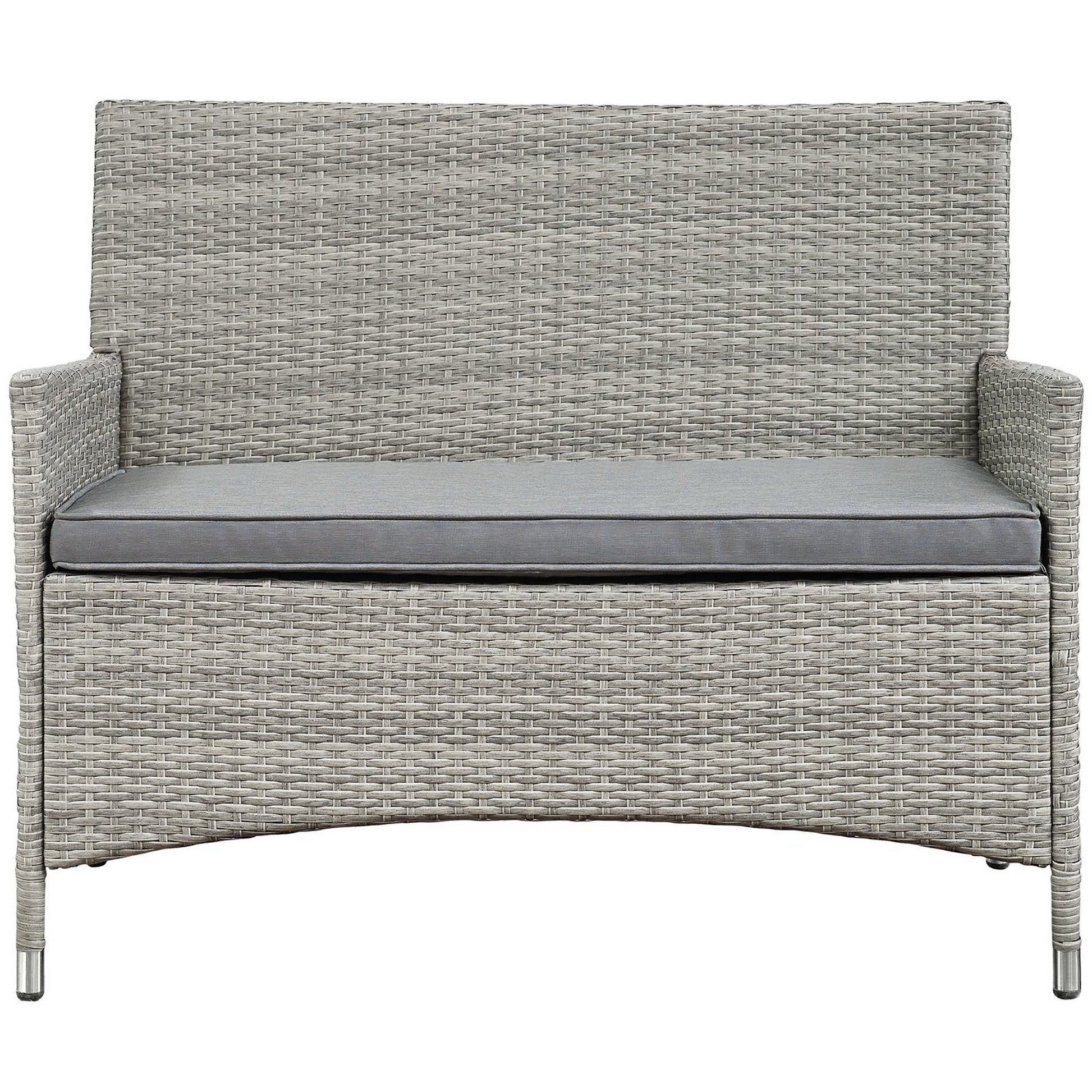 Gray wicker outdoor 4-piece conversation set with tall-back seating, rounded arms, and light gray cushions.