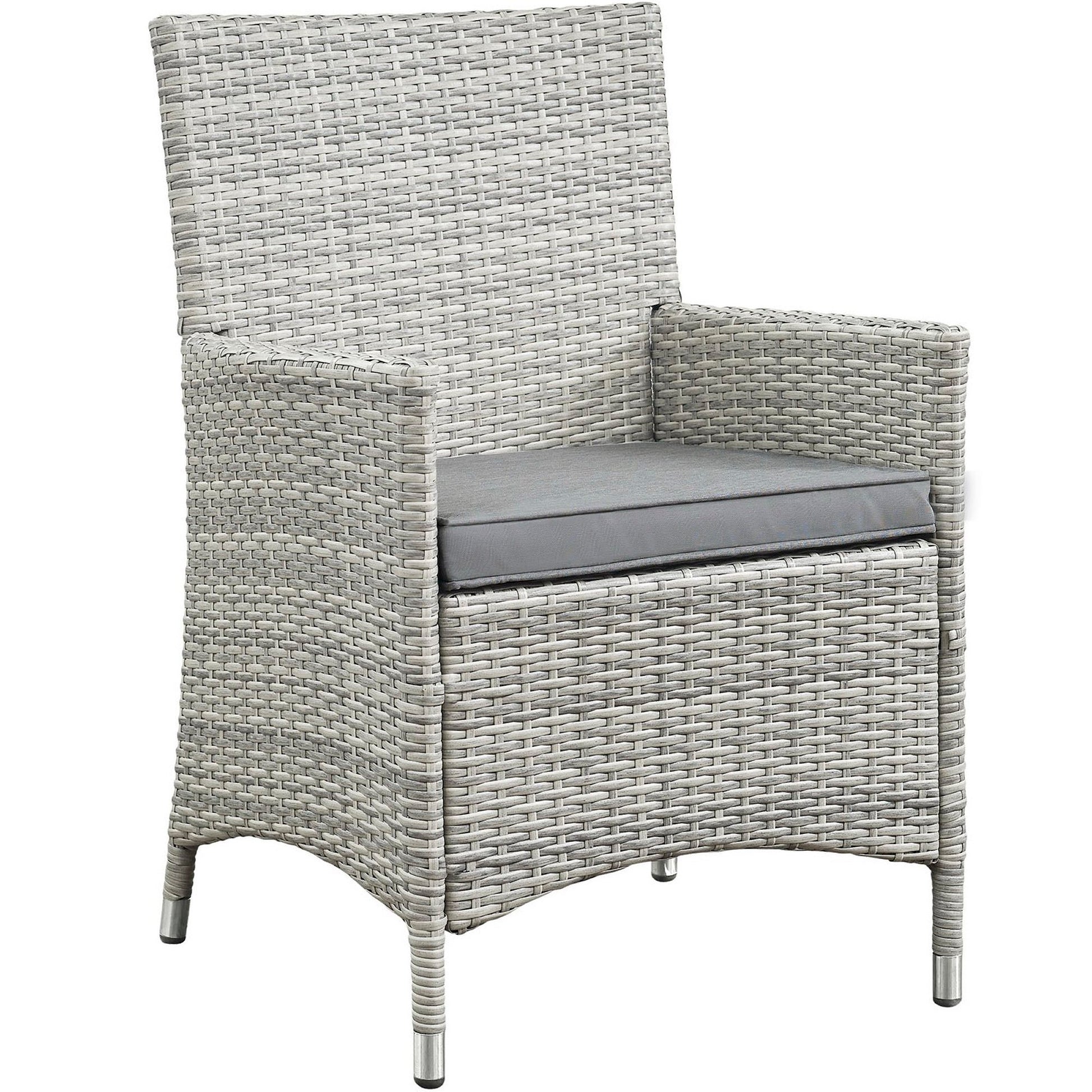 Light gray woven outdoor armchair with high back and gray cushioned seat, metal-tipped legs, from a 4-piece patio conversation set.