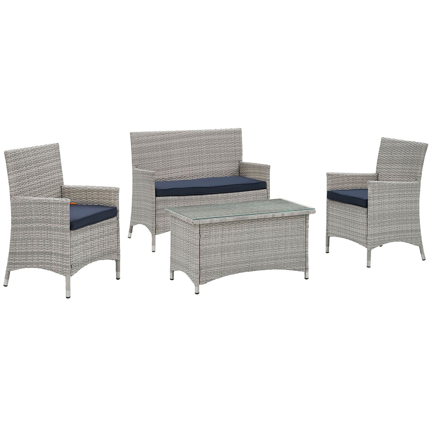 Gray wicker outdoor seating set with navy cushions: loveseat, two armchairs, and glass-top coffee table