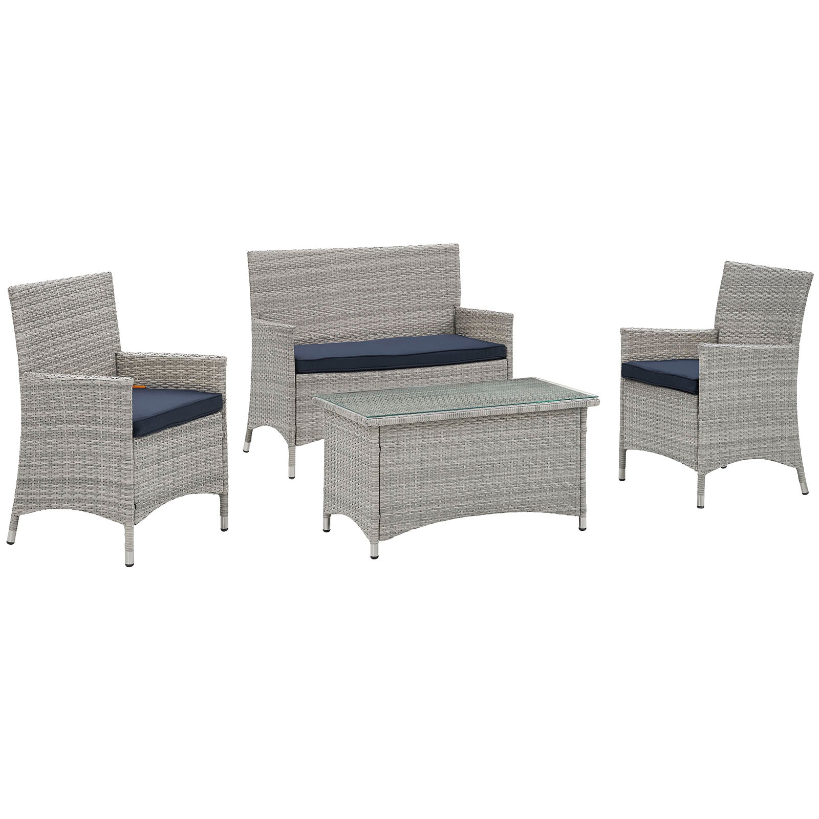 Gray wicker outdoor seating set with navy cushions: loveseat, two armchairs, and glass-top coffee table
