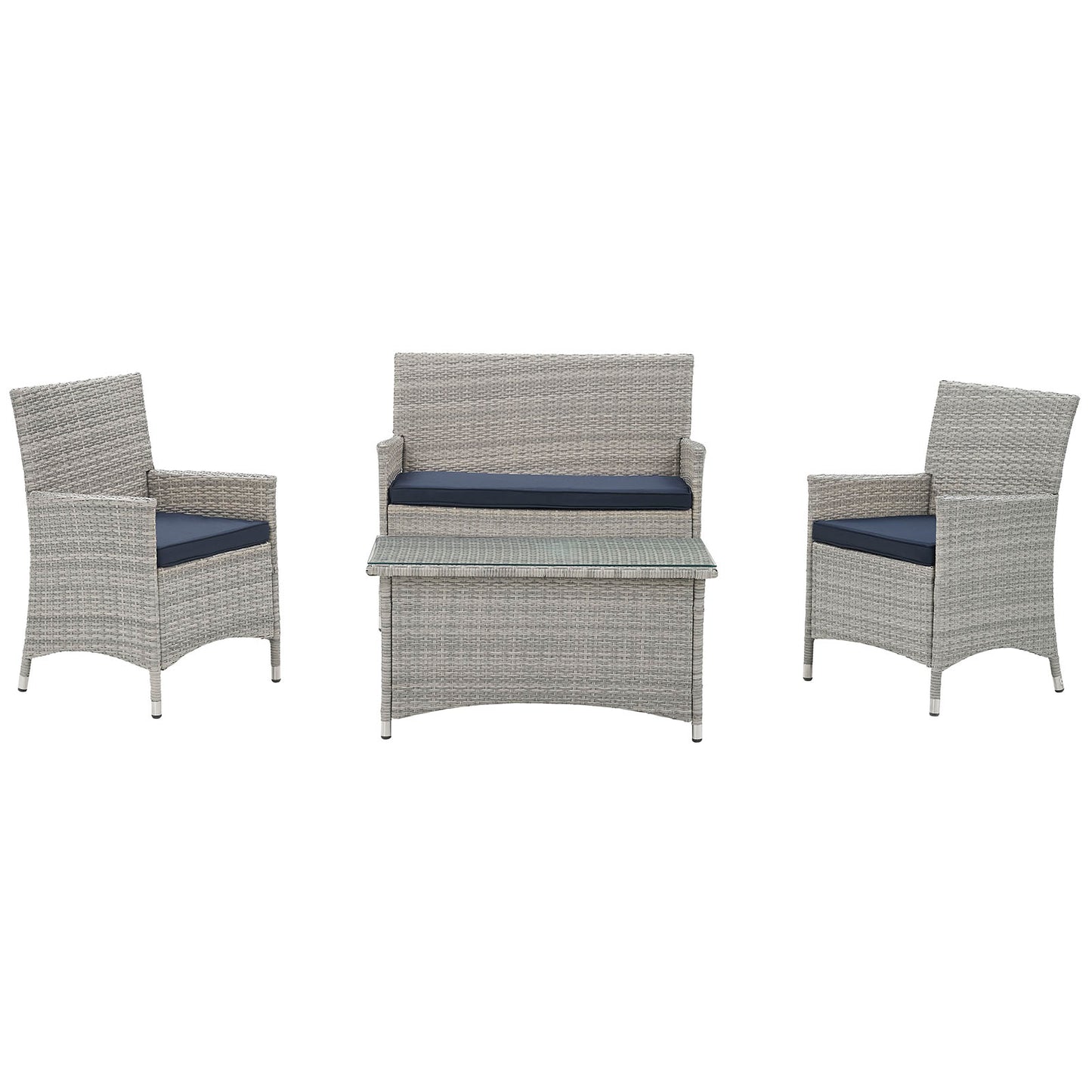 Gray wicker outdoor conversation set with navy cushions: two armchairs, a loveseat, and a matching coffee table.