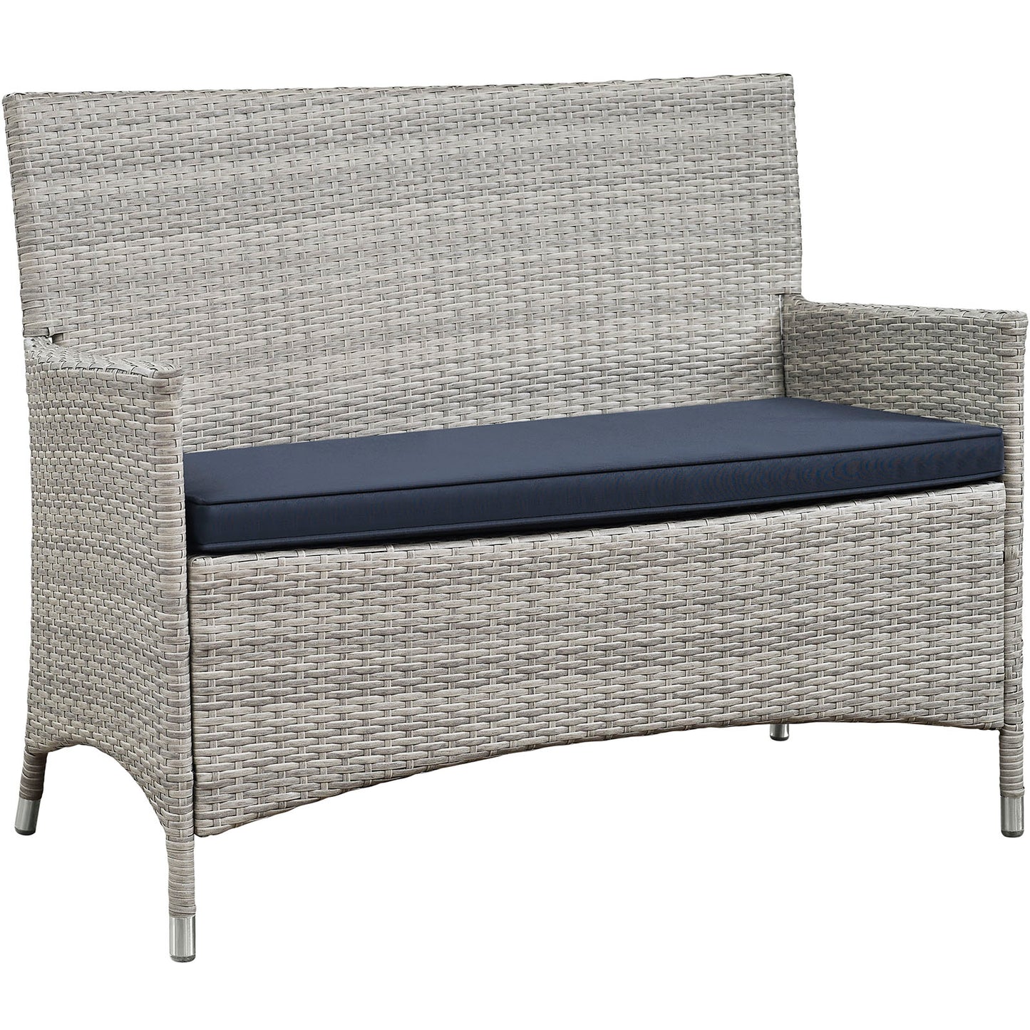 Light gray synthetic wicker 4-piece outdoor conversation set with navy cushions, weatherproof seating; loveseat with straight back & armrests.