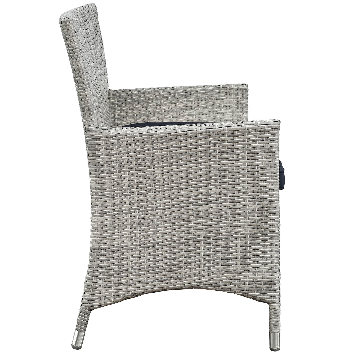 Light gray woven outdoor wicker armchair with high back, curved arms and metal-capped legs; part of a 4-piece outdoor patio conversation set.