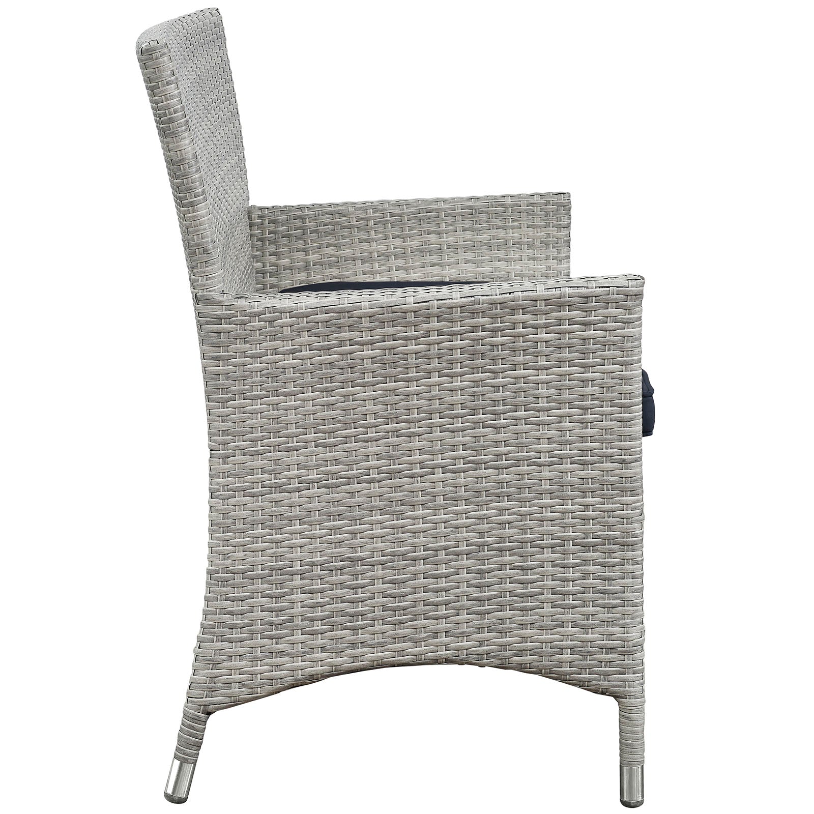 Light gray woven outdoor wicker armchair with high back, curved arms and metal-capped legs; part of a 4-piece outdoor patio conversation set.
