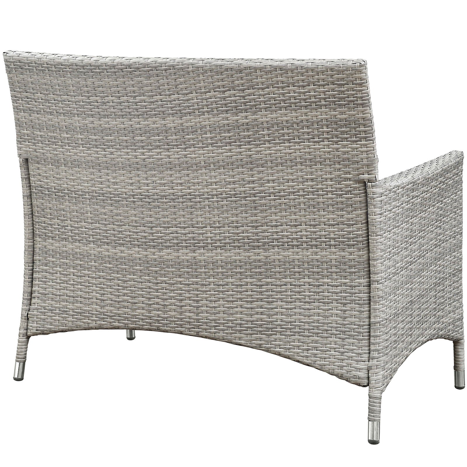 Grey synthetic wicker outdoor four-piece conversation set for patio, featuring curved-back seating and integrated armrests.