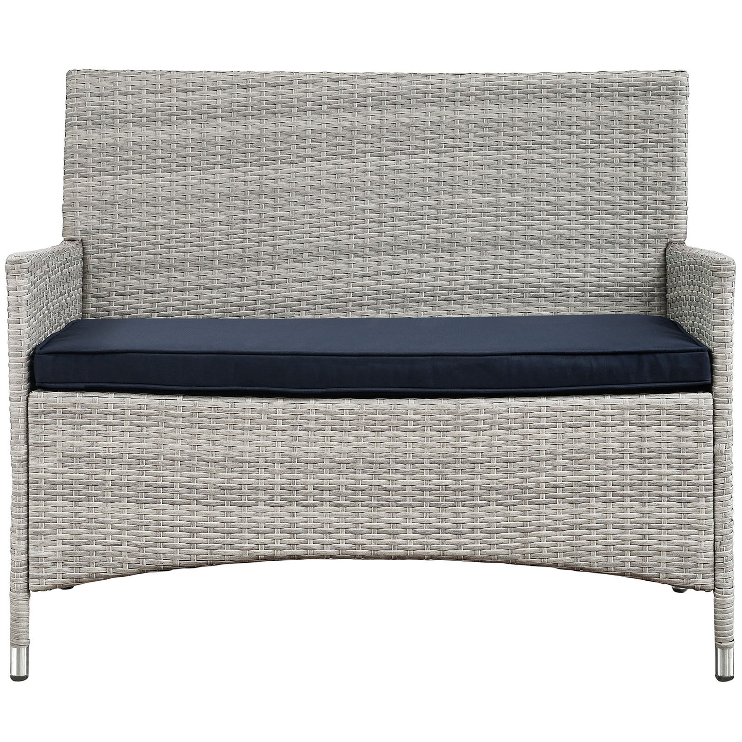 Light gray wicker 4-piece outdoor patio conversation set with navy cushions, curved bases, and slim armrests.
