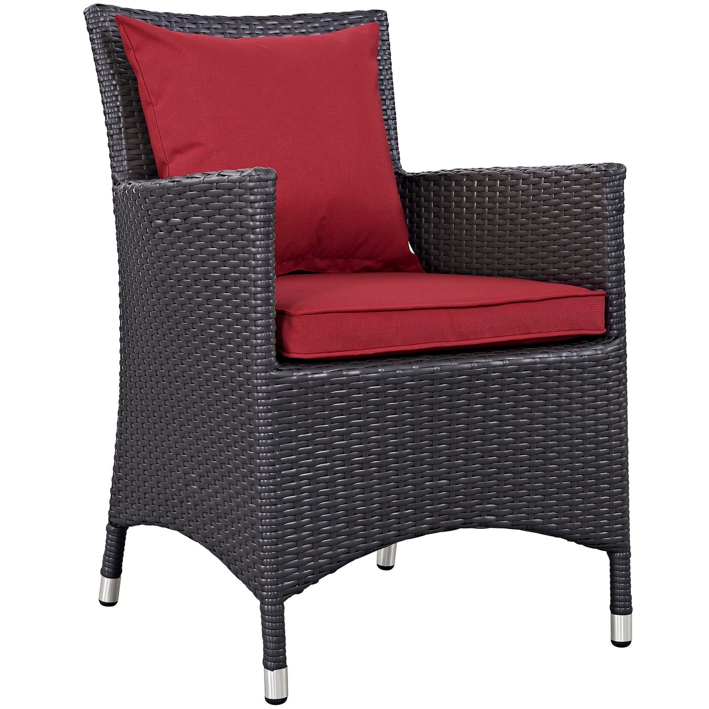 Dark brown wicker patio chair with red seat cushion and red back cushion, curved arms, metal foot caps.