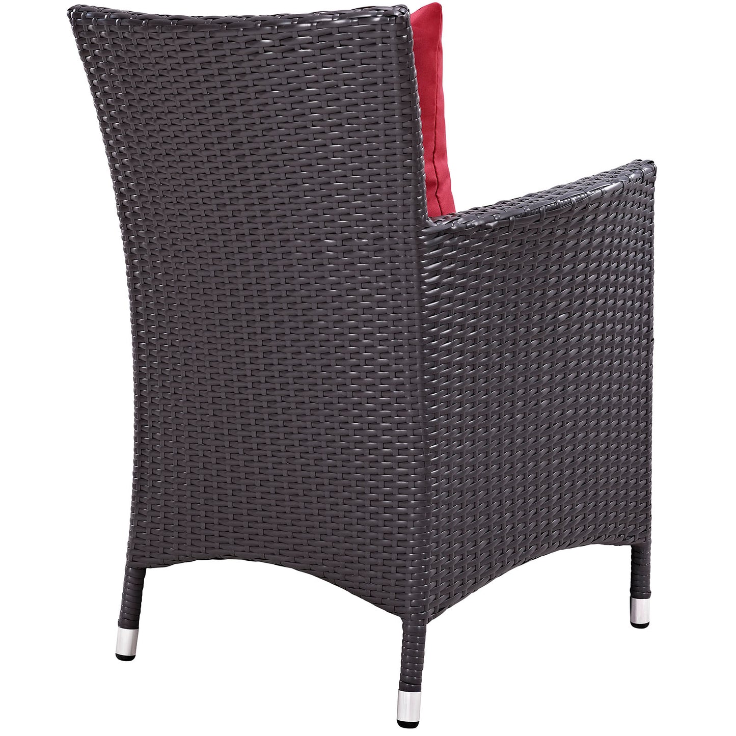 Espresso brown synthetic wicker outdoor dining set with red cushions; 11-piece.