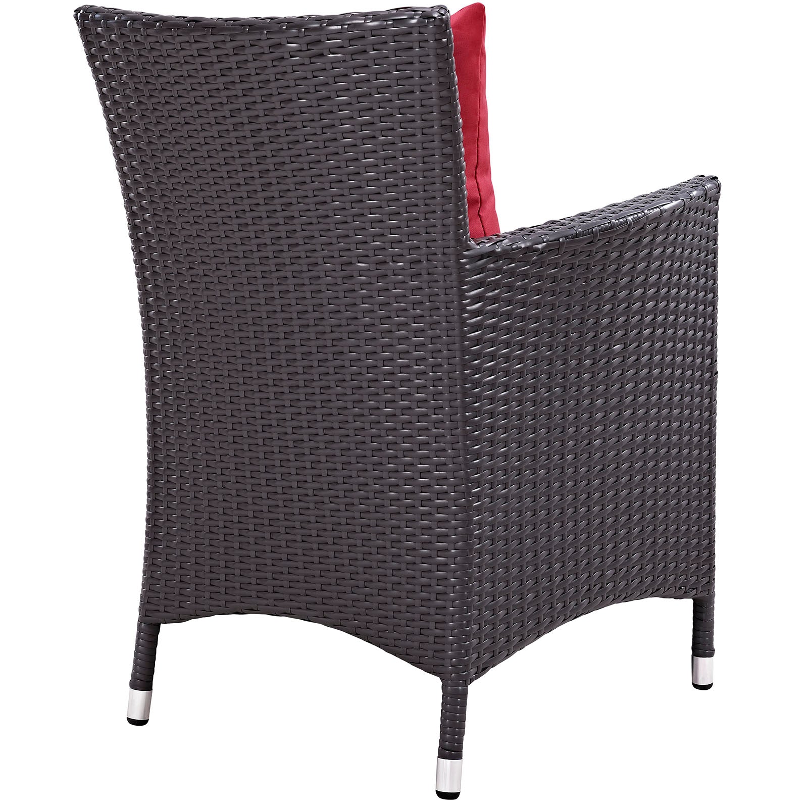 Espresso brown synthetic wicker outdoor dining set with red cushions; 11-piece.