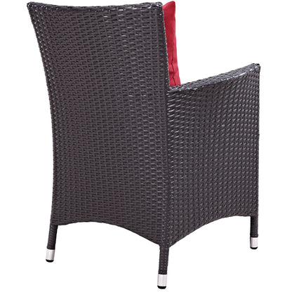 Espresso brown synthetic wicker outdoor dining set with red cushions; 11-piece.