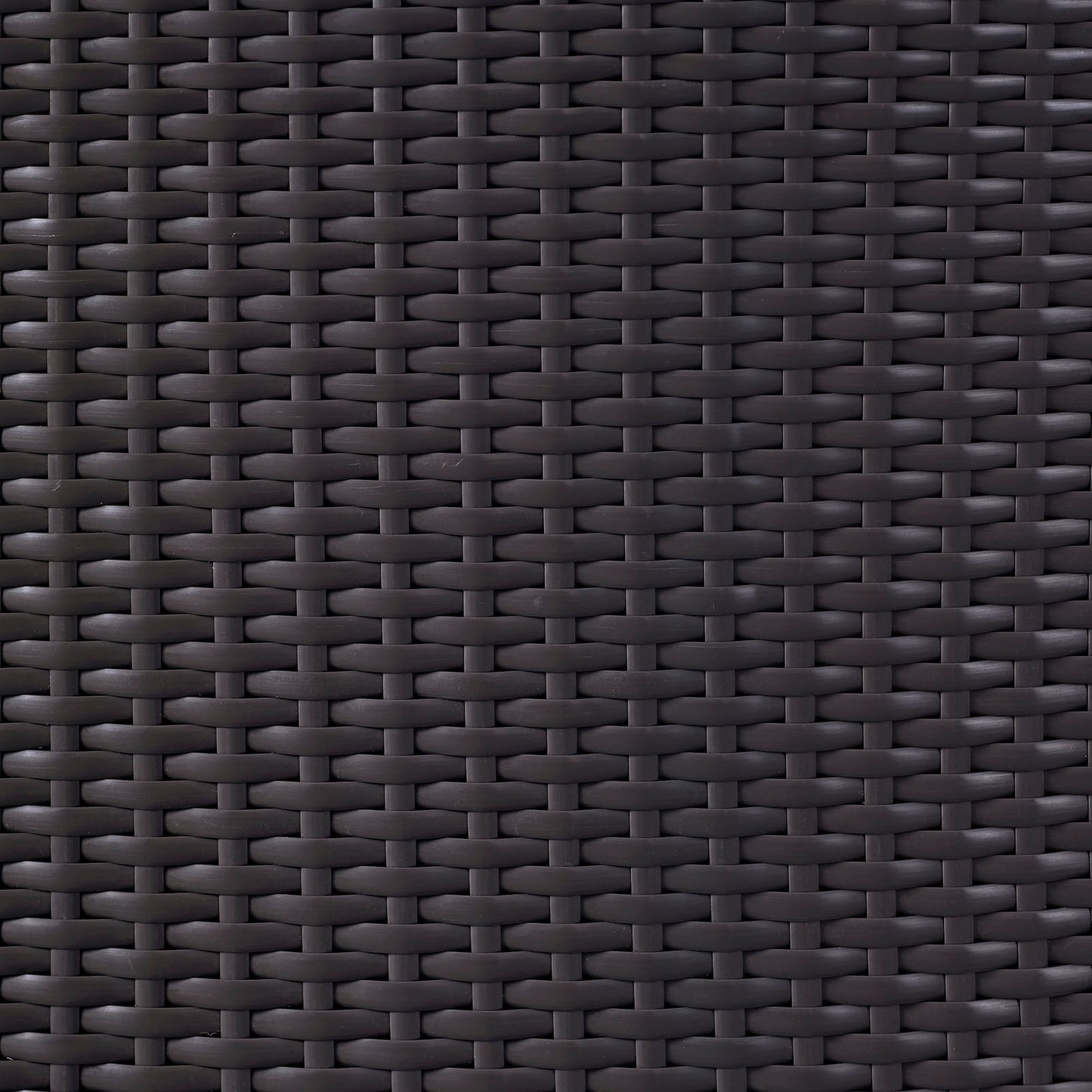 Dark brown wicker weave close-up; interlaced flat strips form a tight basket pattern, suitable for outdoor furniture.