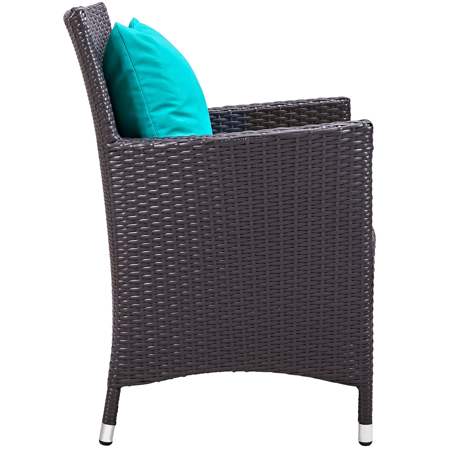 Dark brown wicker outdoor armchair with turquoise cushion for patio seating.