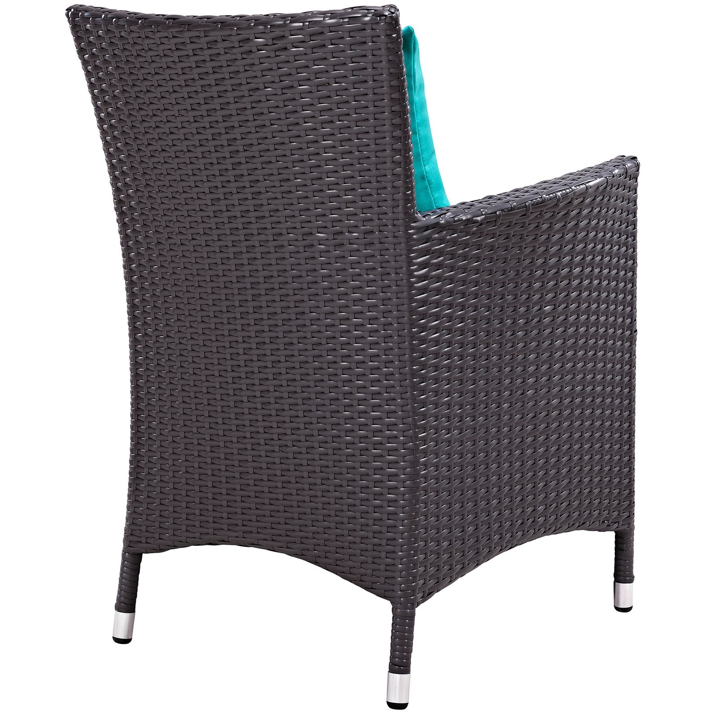 Espresso brown woven outdoor chair with teal cushion; tall curved back and metal-capped legs.