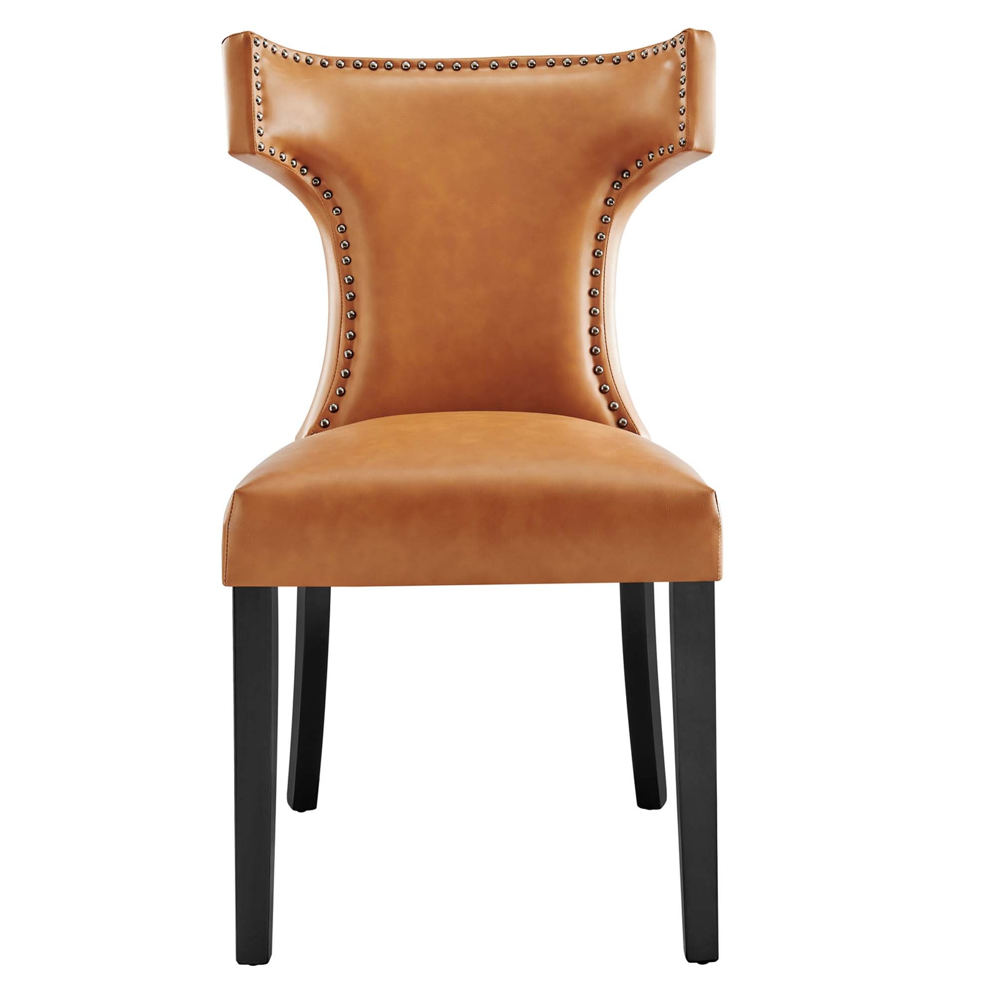 Tan leather dining chair with curved wingback and nailhead trim, cushioned seat, dark wood legs.