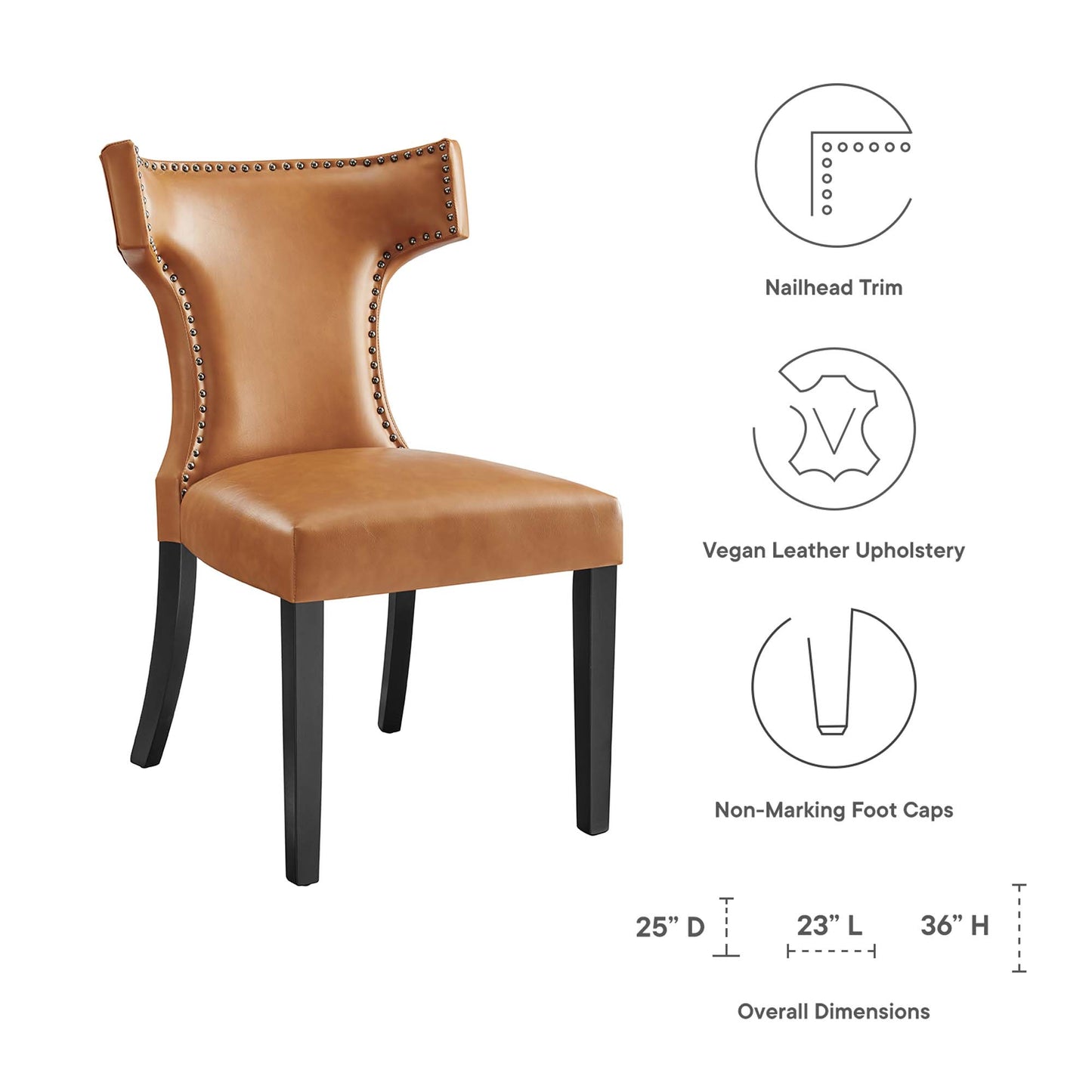 Tan vegan leather dining chair with nailhead trim, curved back, black wooden legs, non-marking foot caps.