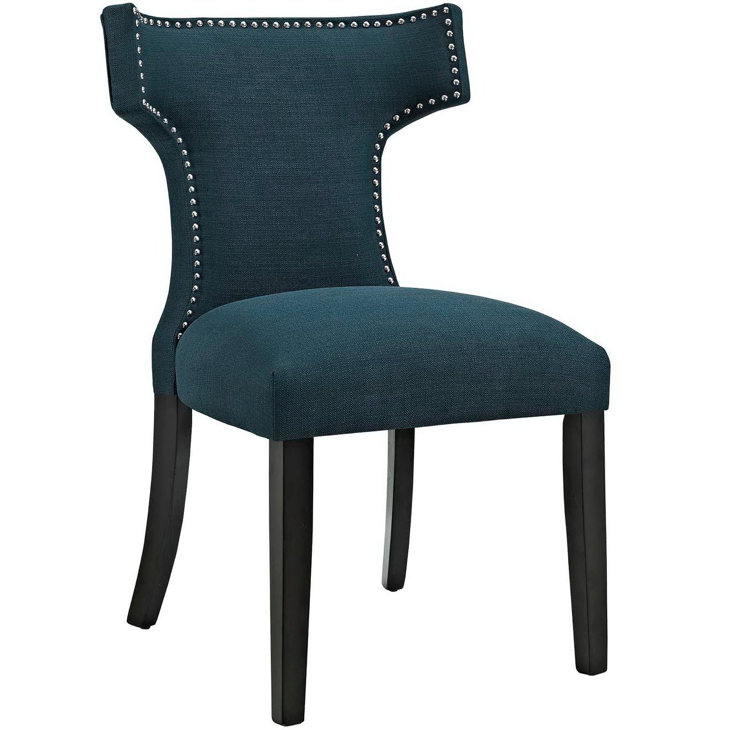 Blue fabric dining chair with nailhead trim, curved back, and cushioned seat on dark wooden legs.