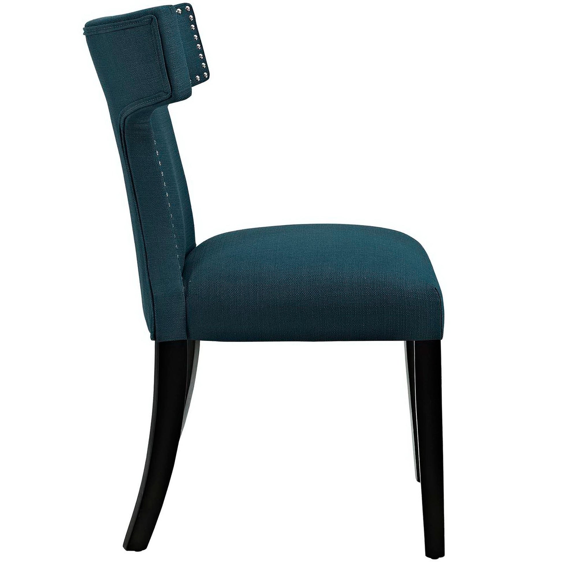 Blue upholstered dining chair with padded backrest featuring studded side accents and dark wood legs.