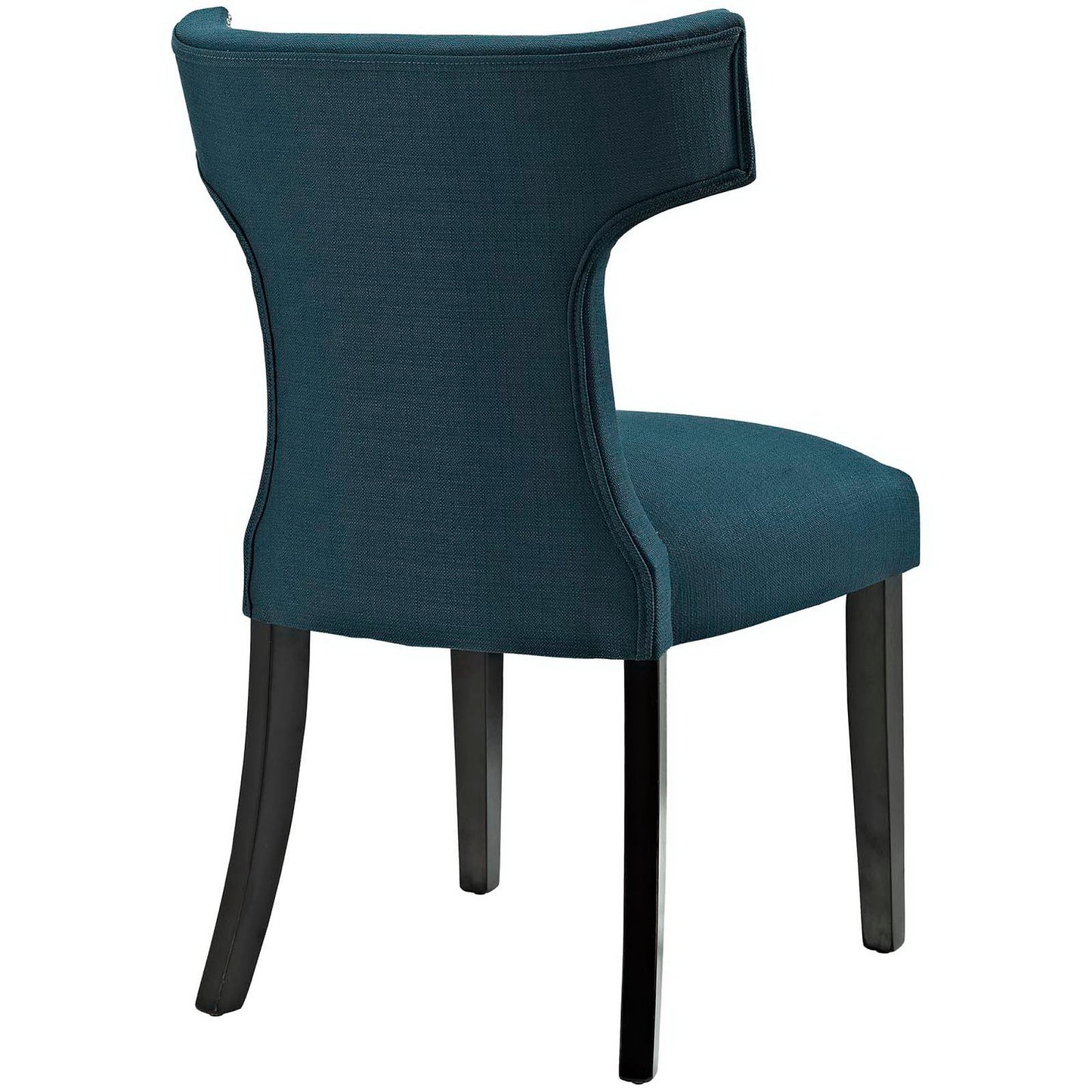 Blue fabric dining chair with a tall curved back, winged sides and a cushioned seat on dark wooden legs.