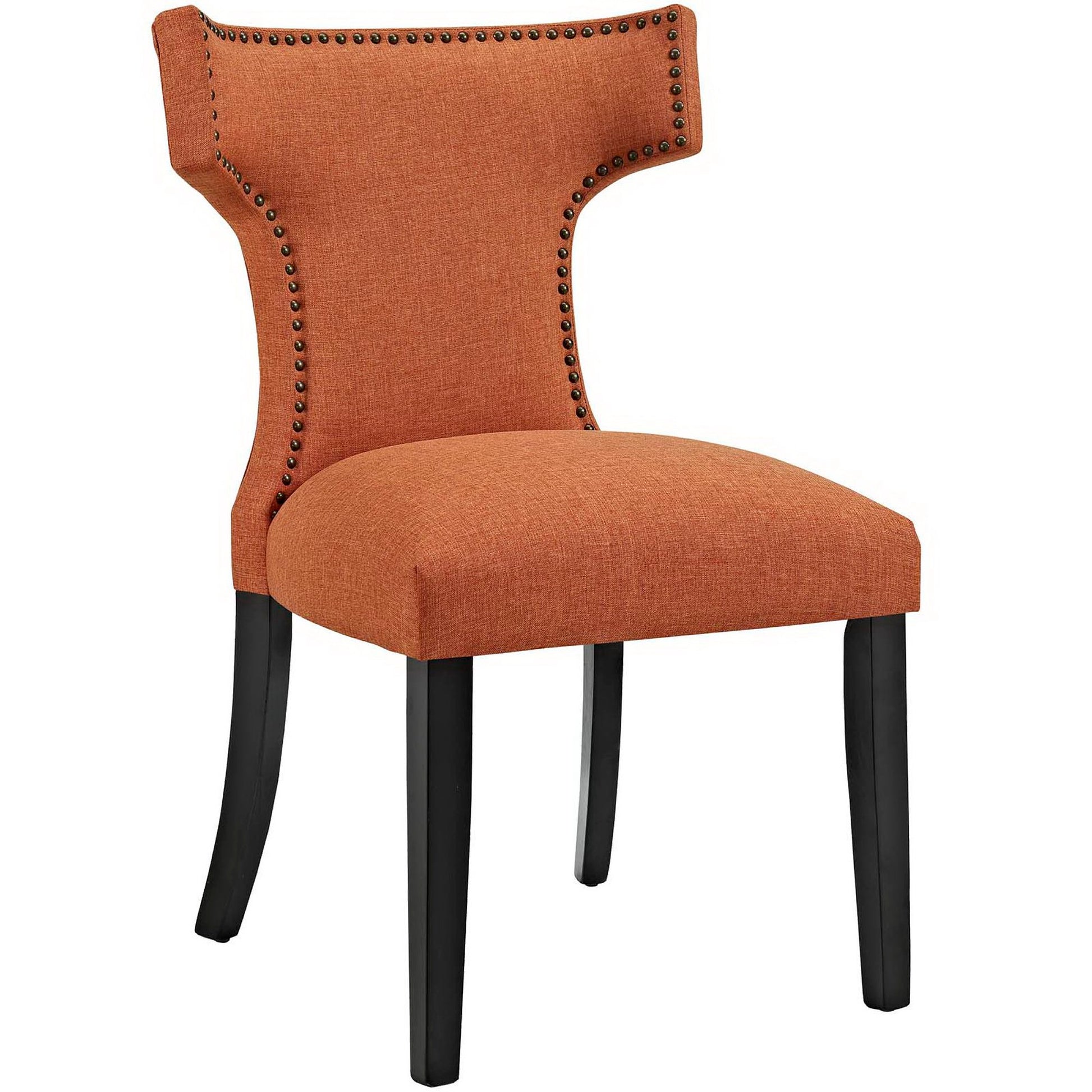 Orange fabric dining chair with curved back, studded nailhead trim, and black wooden legs.