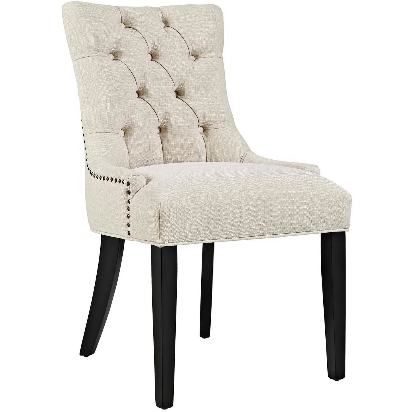 Beige tufted dining chair with dark wood legs, button-tufted back, and nailhead trim.