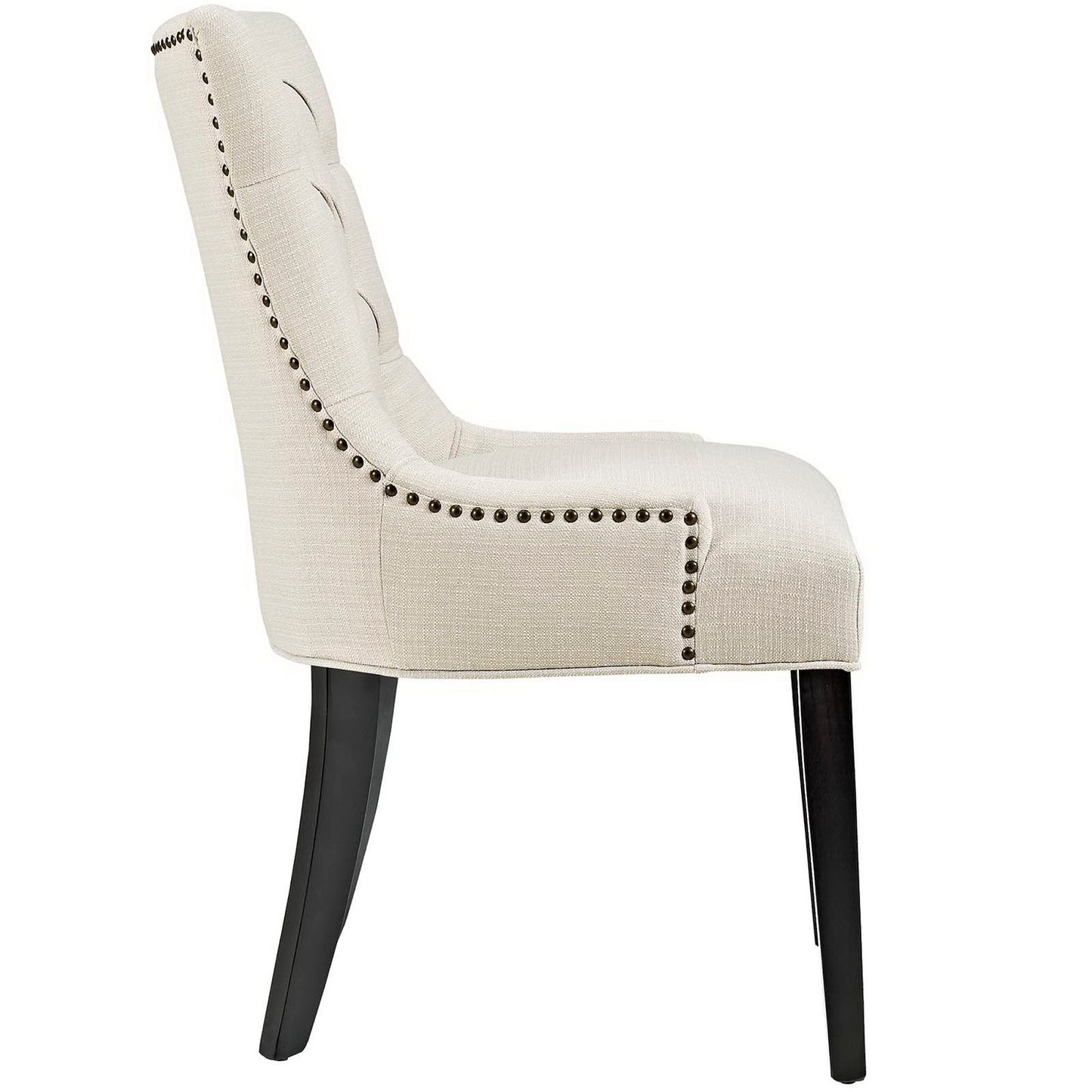 Brown tufted fabric dining chair with nailhead trim along the edge, curved high back & dark wood legs (side profile).